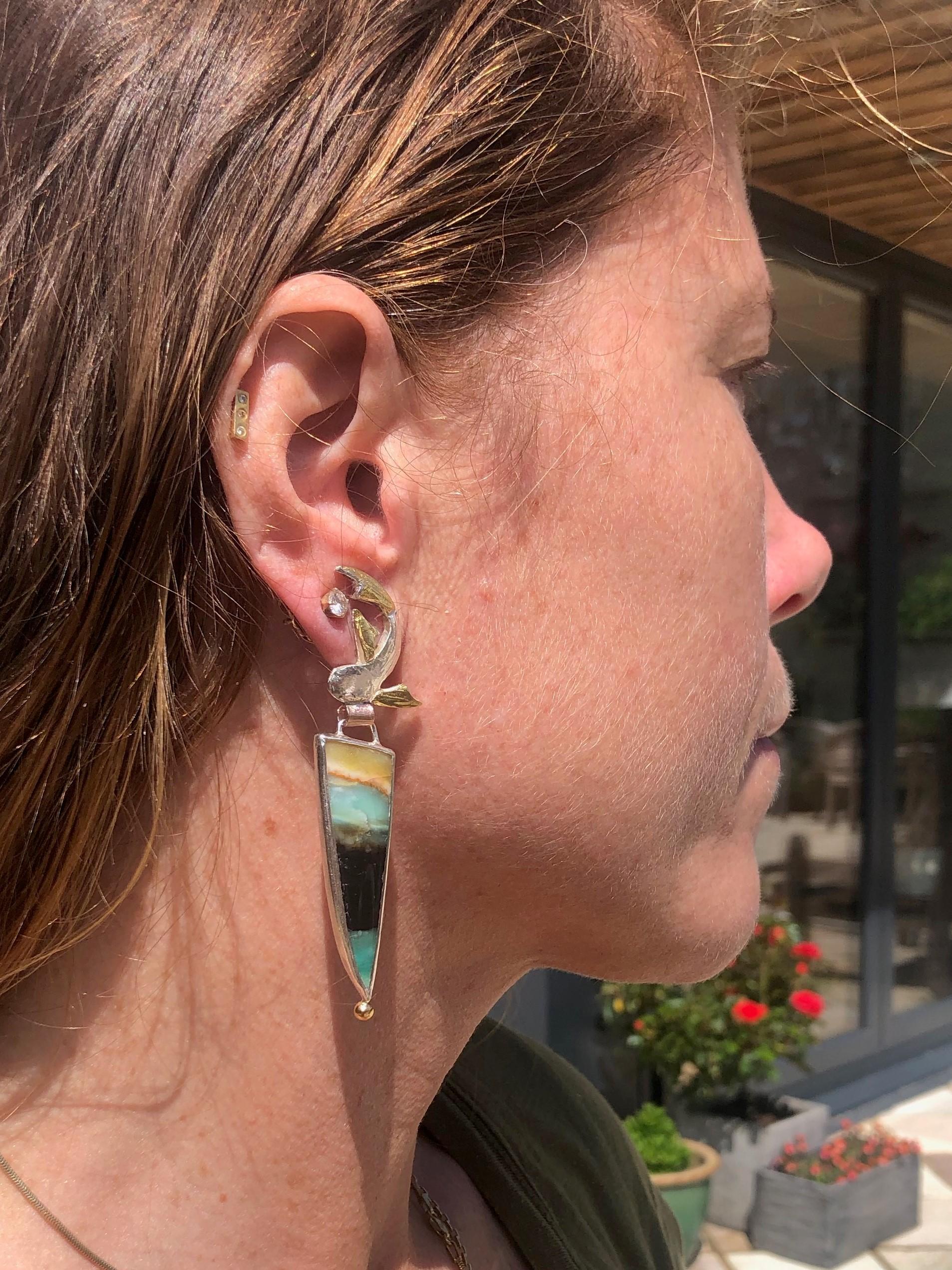 Women's Fish Earrings with Opalized Wood Stones, 22 and 18 Karat Yellow Gold and Silver
