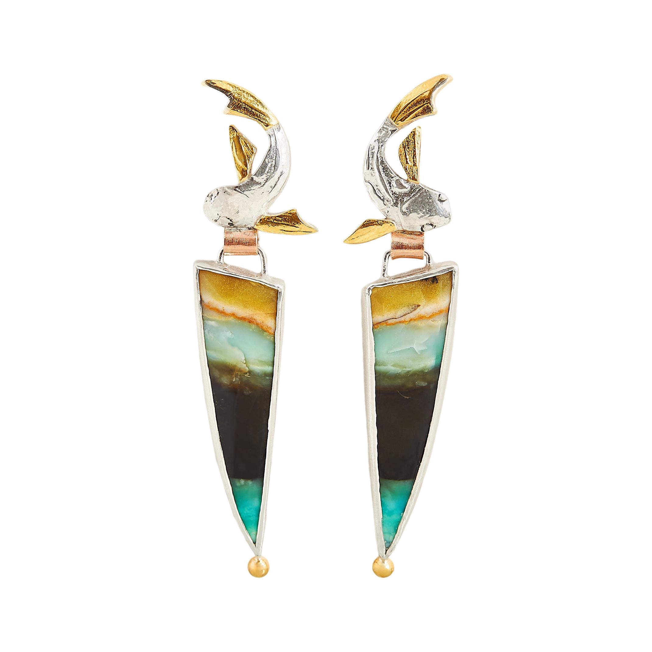 Fish Earrings with Opalized Wood Stones, 22 and 18 Karat Yellow Gold and Silver
