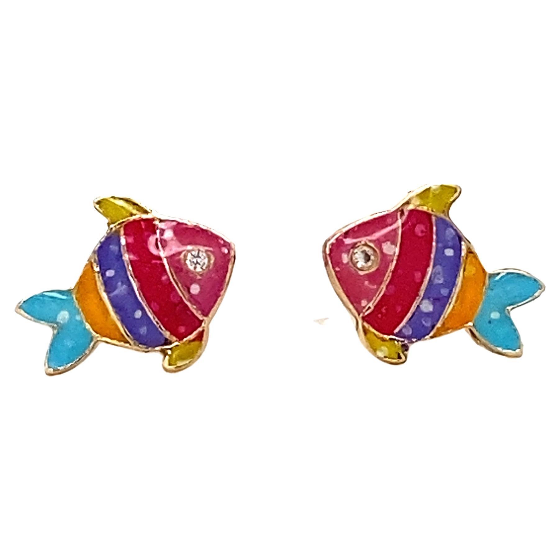 Fish Enameled Diamond Earrings for Girls (Kids/Toddlers) in 14K Solid ...