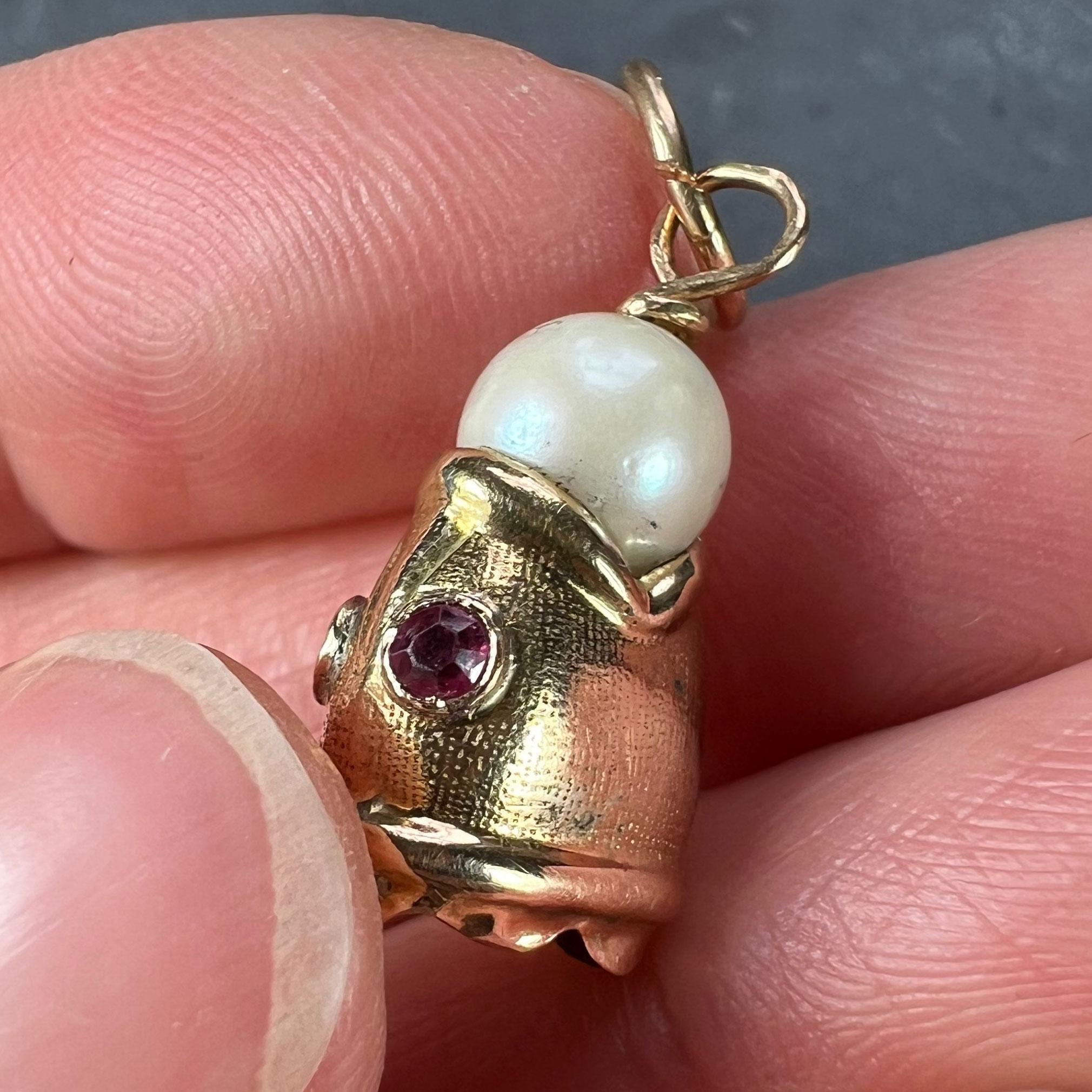 Fish Head 18K Yellow Gold Pearl Charm Pendant For Sale 1