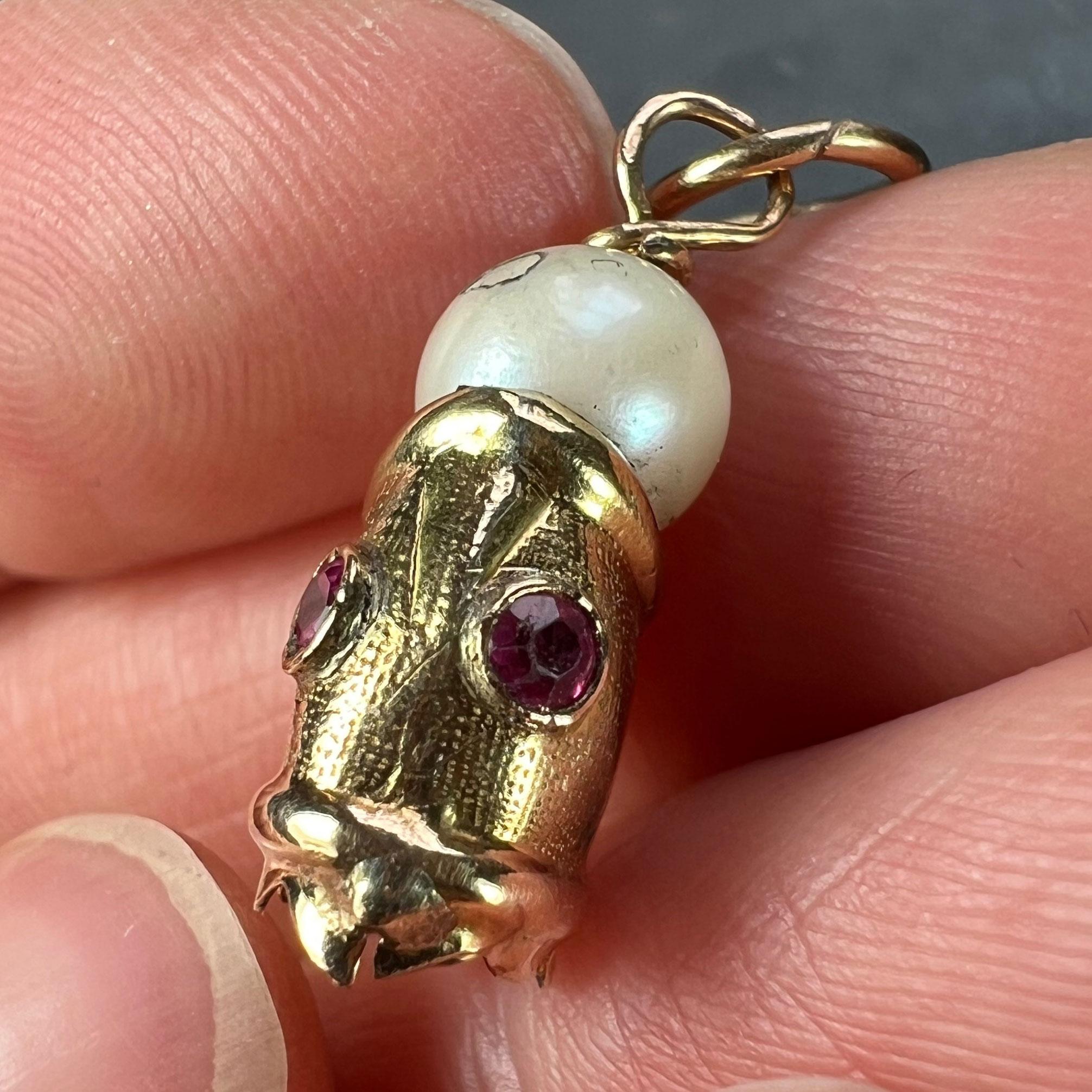 Fish Head 18K Yellow Gold Pearl Charm Pendant For Sale 2