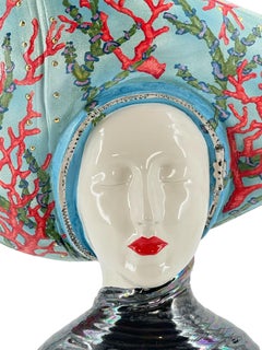 Fish Head, Lady with marine hat. Ceramic centerpiece sculpted. Handmade in Italy