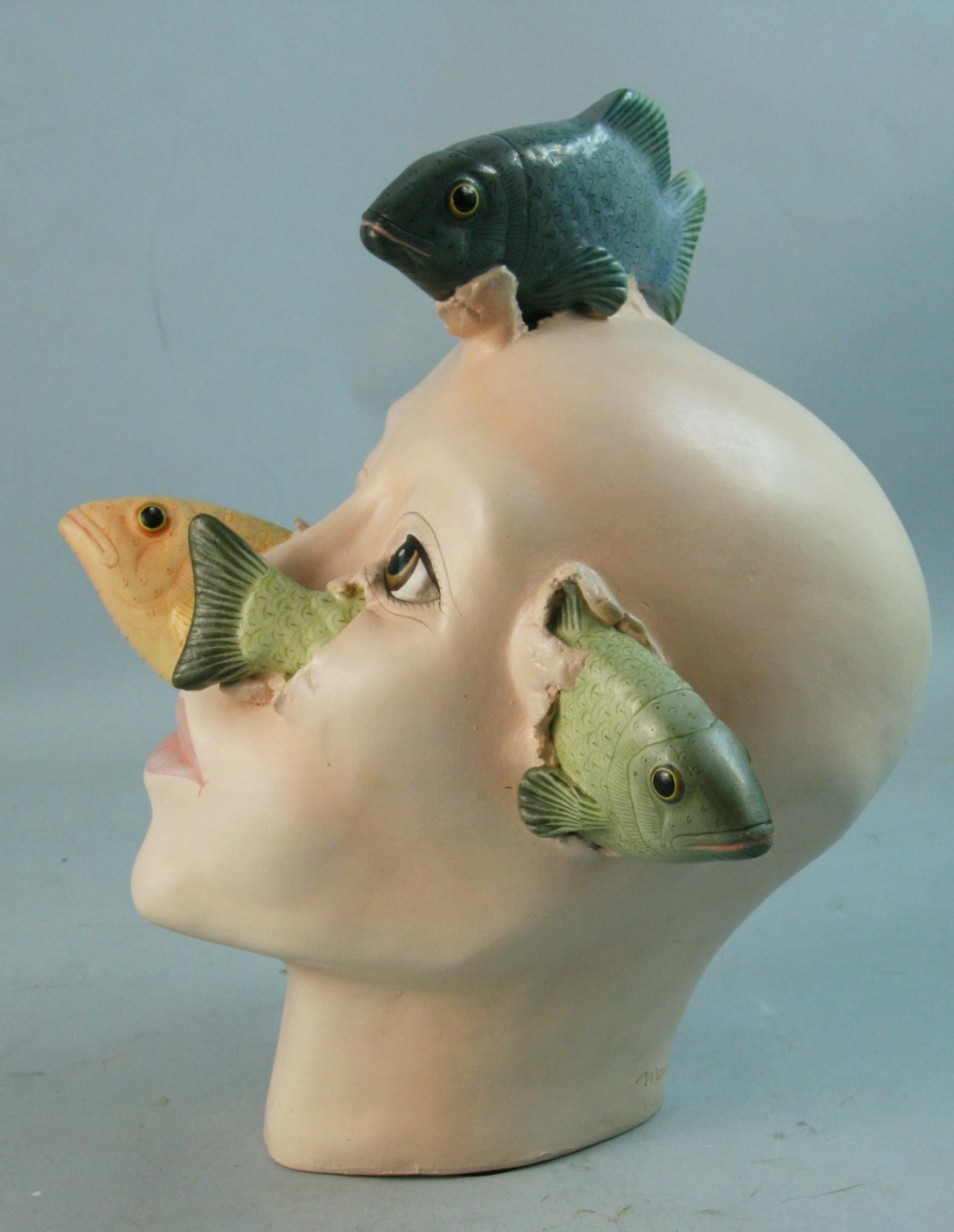 Fischkopf-Keramik-Skulptur aus der Werkstatt von Sergio Bustamante, signiert von Macias im Angebot 5