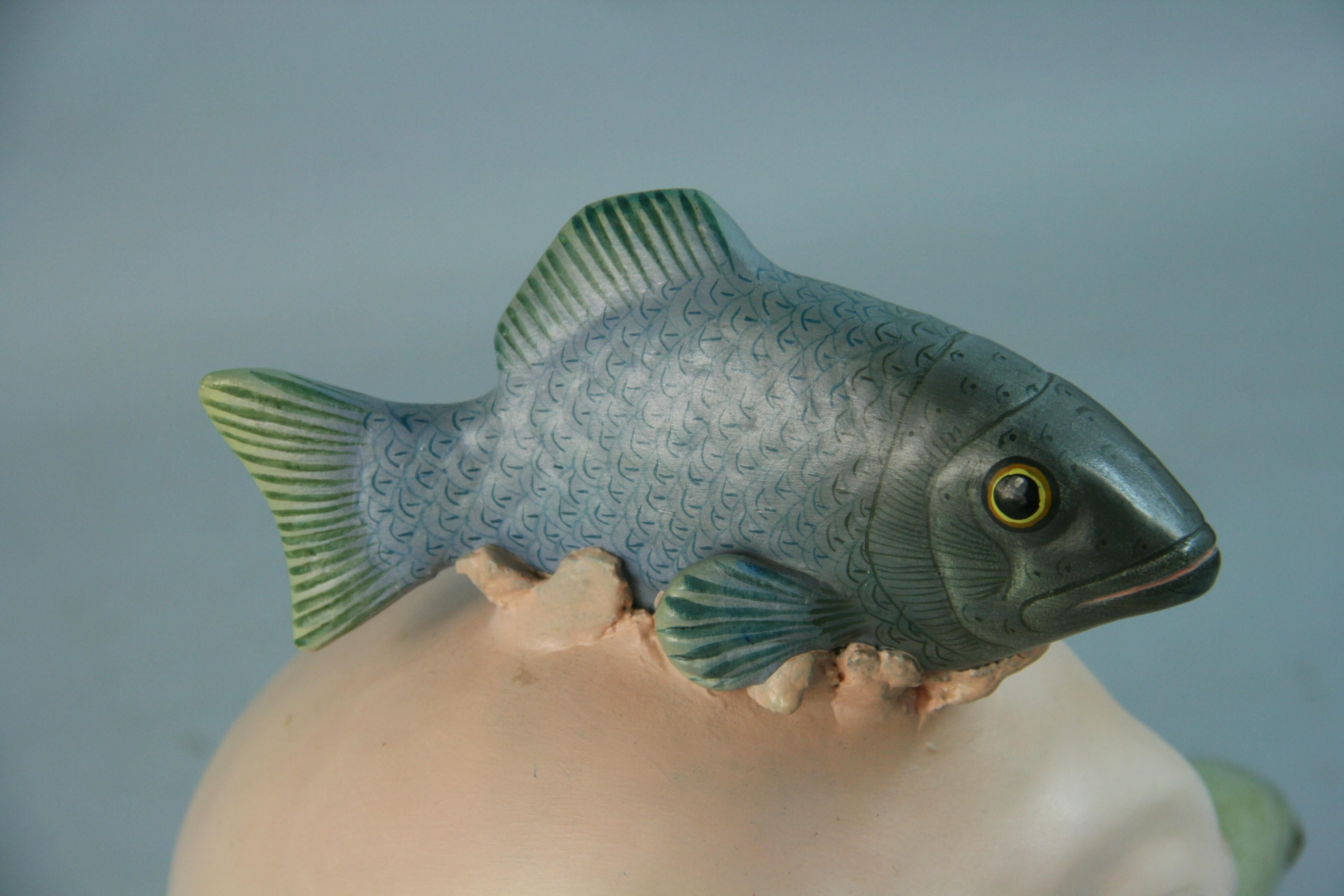 Fish Head Pottery Sculpture from Workshop of Sergio Bustamante signed by Macias In Good Condition For Sale In Douglas Manor, NY