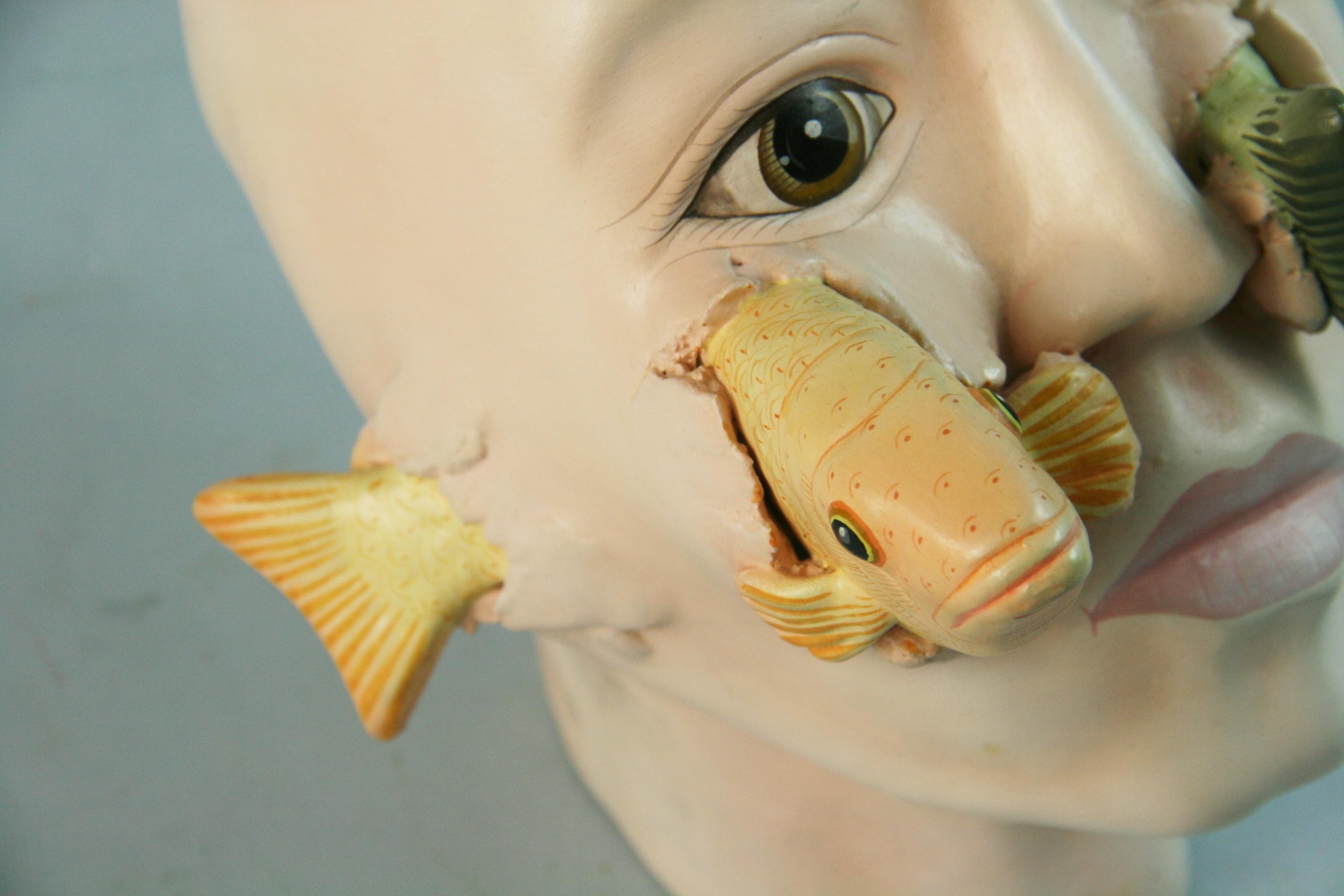 Late 20th Century Fish Head Pottery Sculpture from Workshop of Sergio Bustamante signed by Macias For Sale