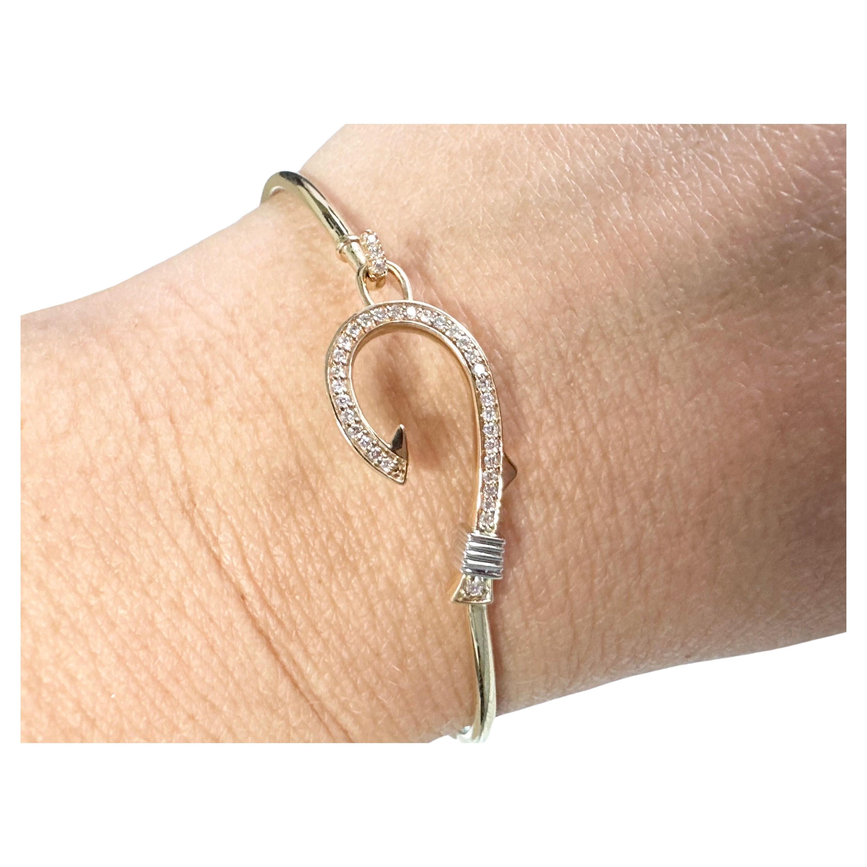 Fish Hook bangle bracelet 14KT gold diamond bracelet fishing lover For Sale
