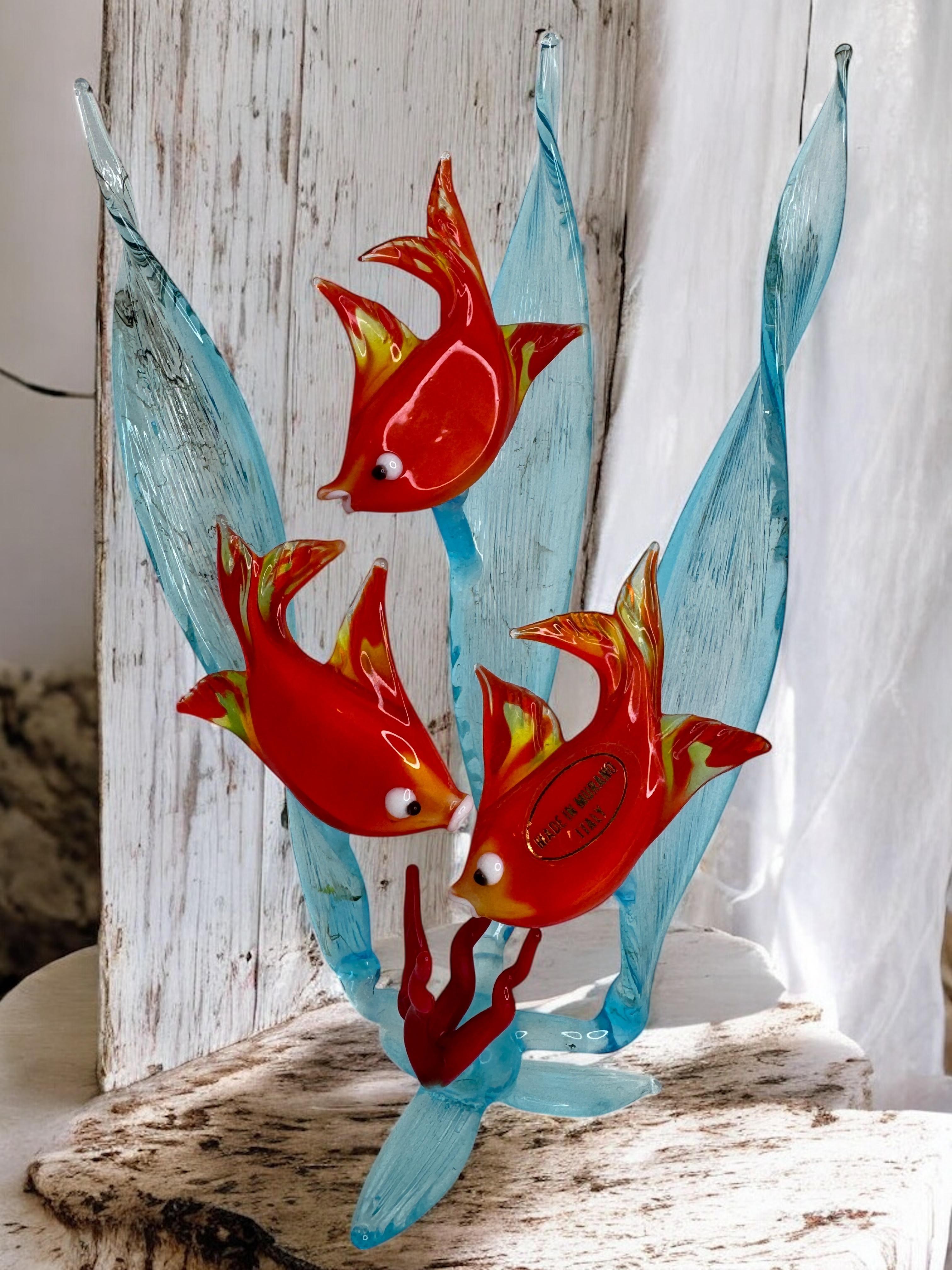 Fish In Corals Murano Art Glass Sculpture Figure Mid-20th Century, Venice Italy 1