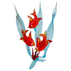 Fish In Corals Murano Art Glass Sculpture Figure Mid-20th Century, Venice Italy