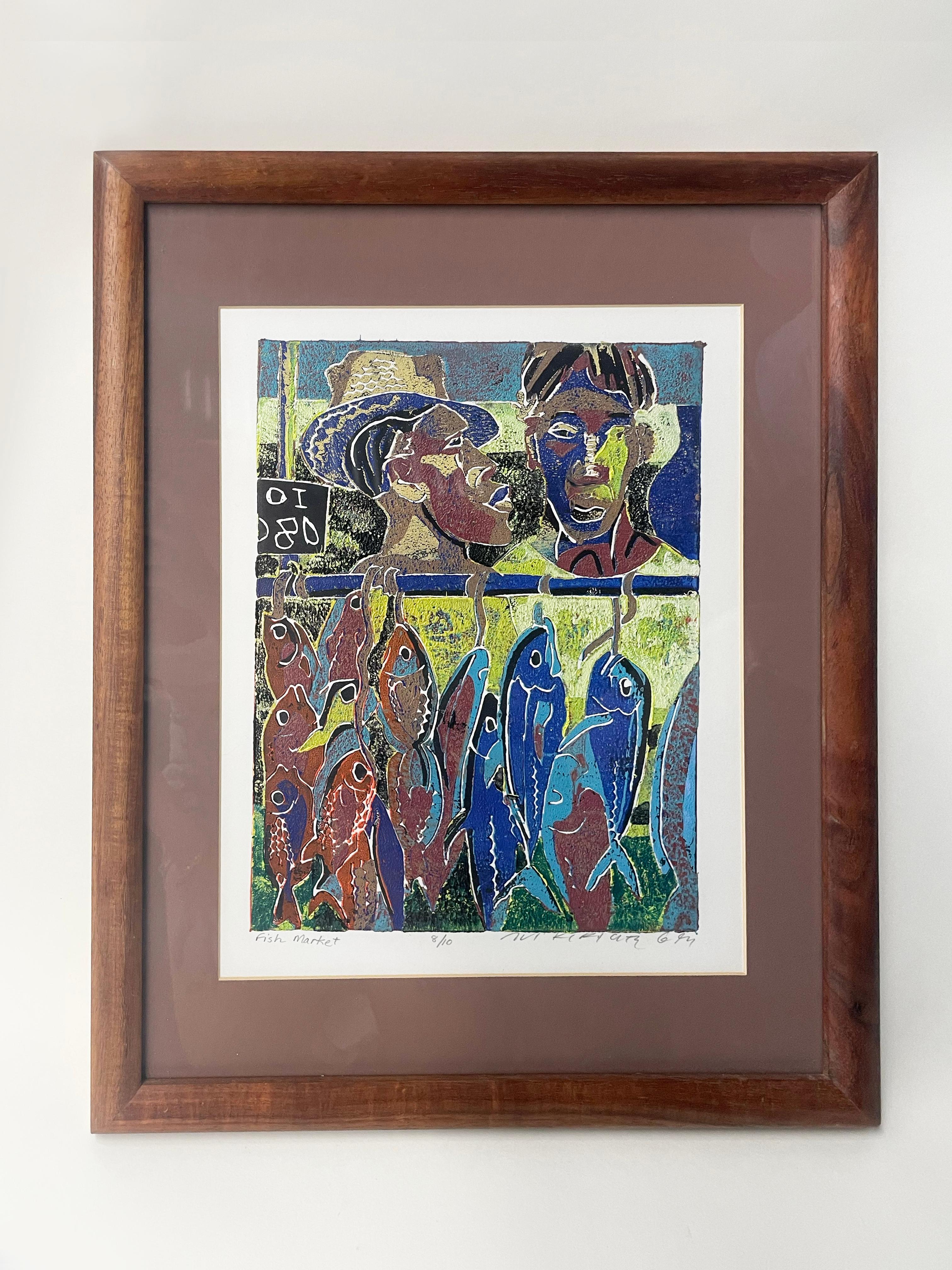 Fish Market, vibrant block print by Avi Kiriaty, 1994. Edition 8/10, measures 11x14” on its own and 16x20” overall in original Koa wood frame.

Avi Kiriaty is known for his unique style and unusual presentation and interpretation of Polynesian
