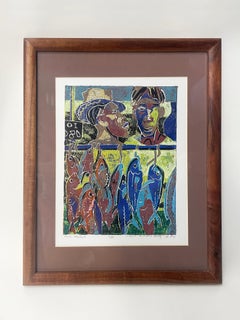 "Fish Market" Limited Edition Block Print by Avi Kiriaty in Koa Wood Frame
