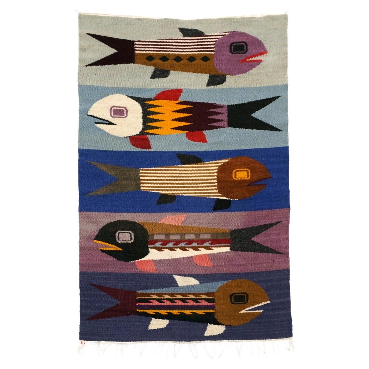 Fish Motif Tapestry in the Style of Evelyn Ackerman, Vibrant Multicolor