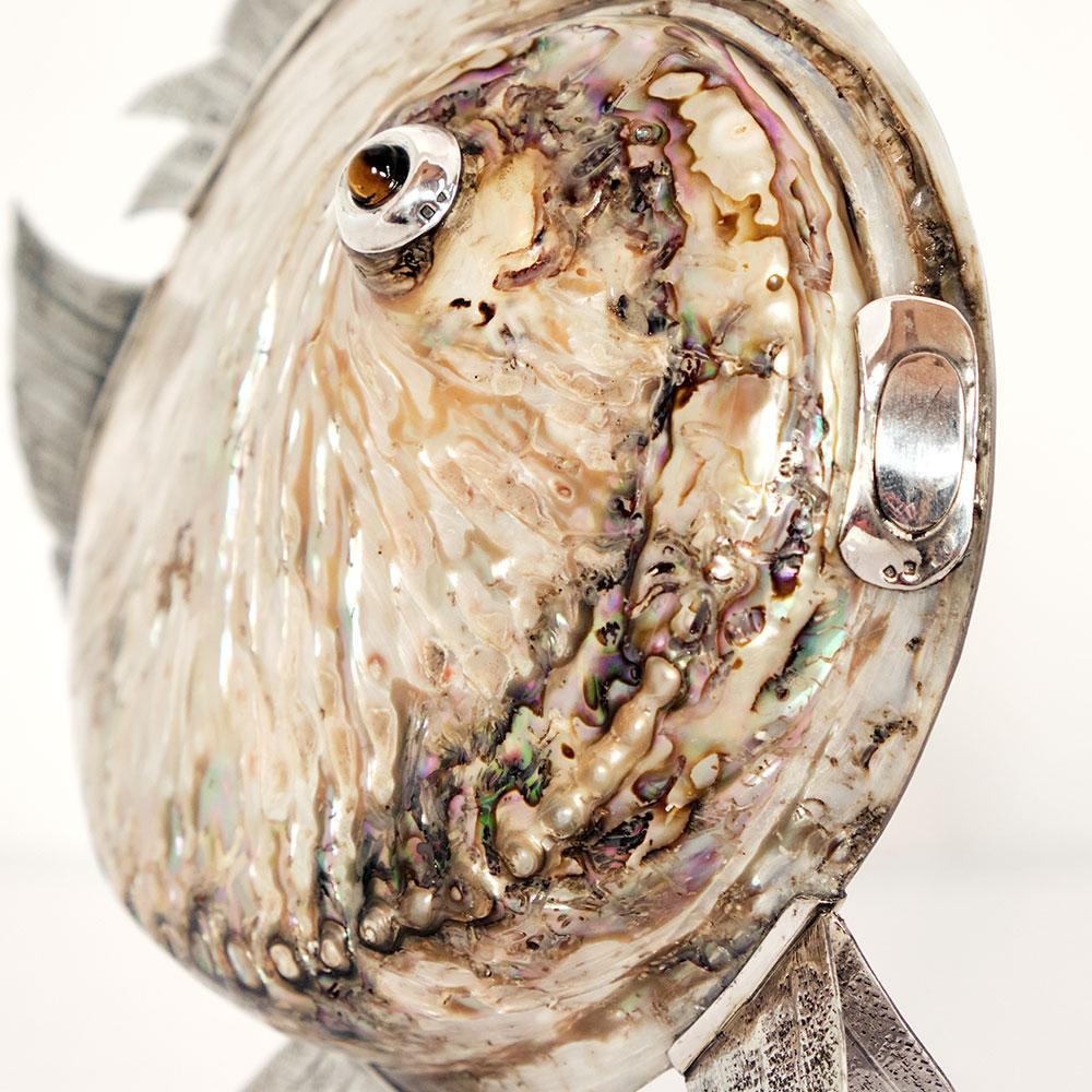 Portuguese Fish Nº2 with mother-of-pearl shell and eye of the tiger by Alcino Silversmith For Sale
