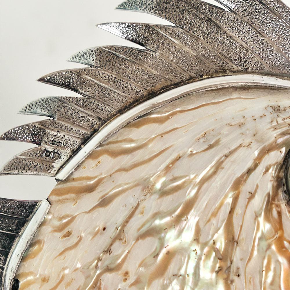 Hammered Fish Nº2 with mother-of-pearl shell and eye of the tiger by Alcino Silversmith For Sale