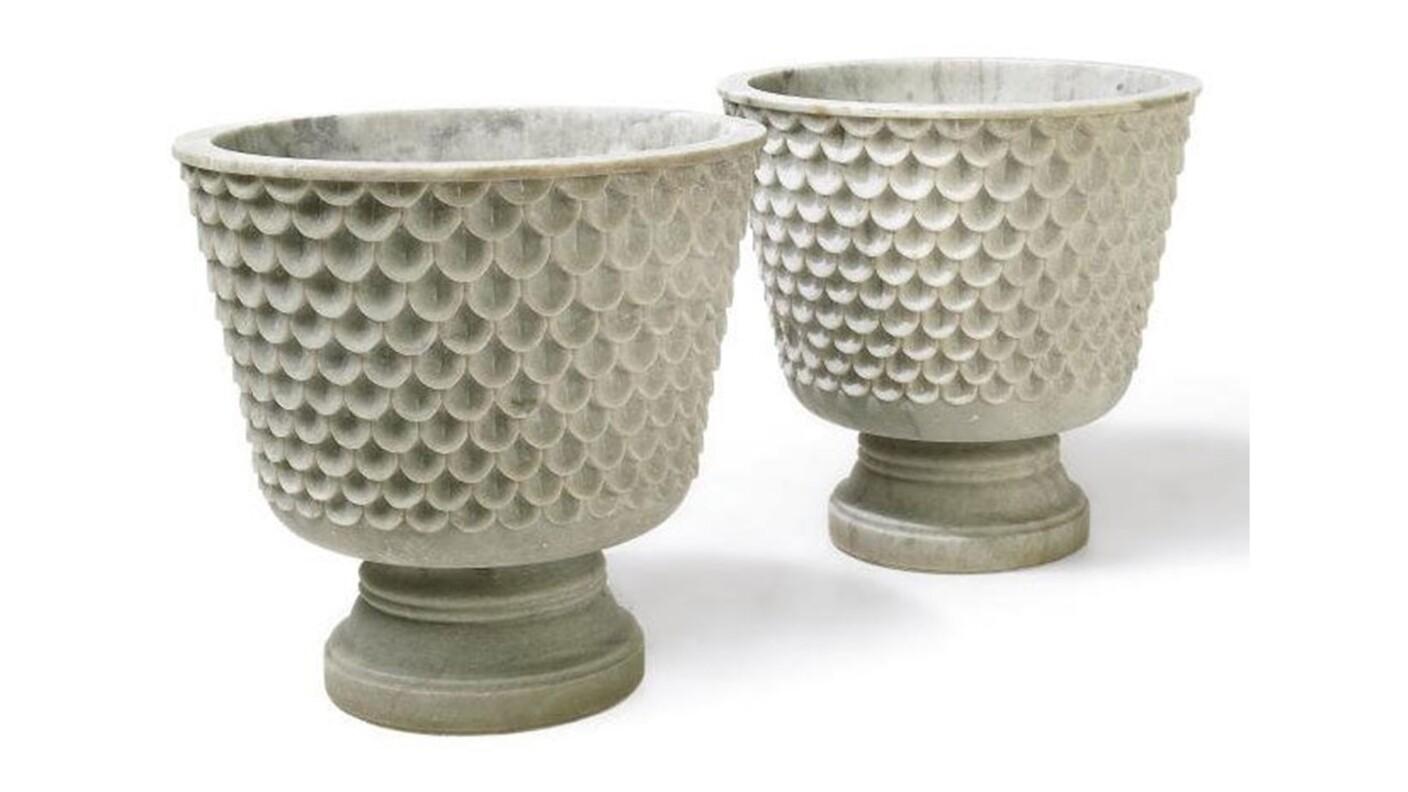 Set of two hand carved out of a single block of marble, perfect for outdoors.

Fish Scale Urn in White Marble Handcrafted in India by Stephanie Odegard
Sizes- 24