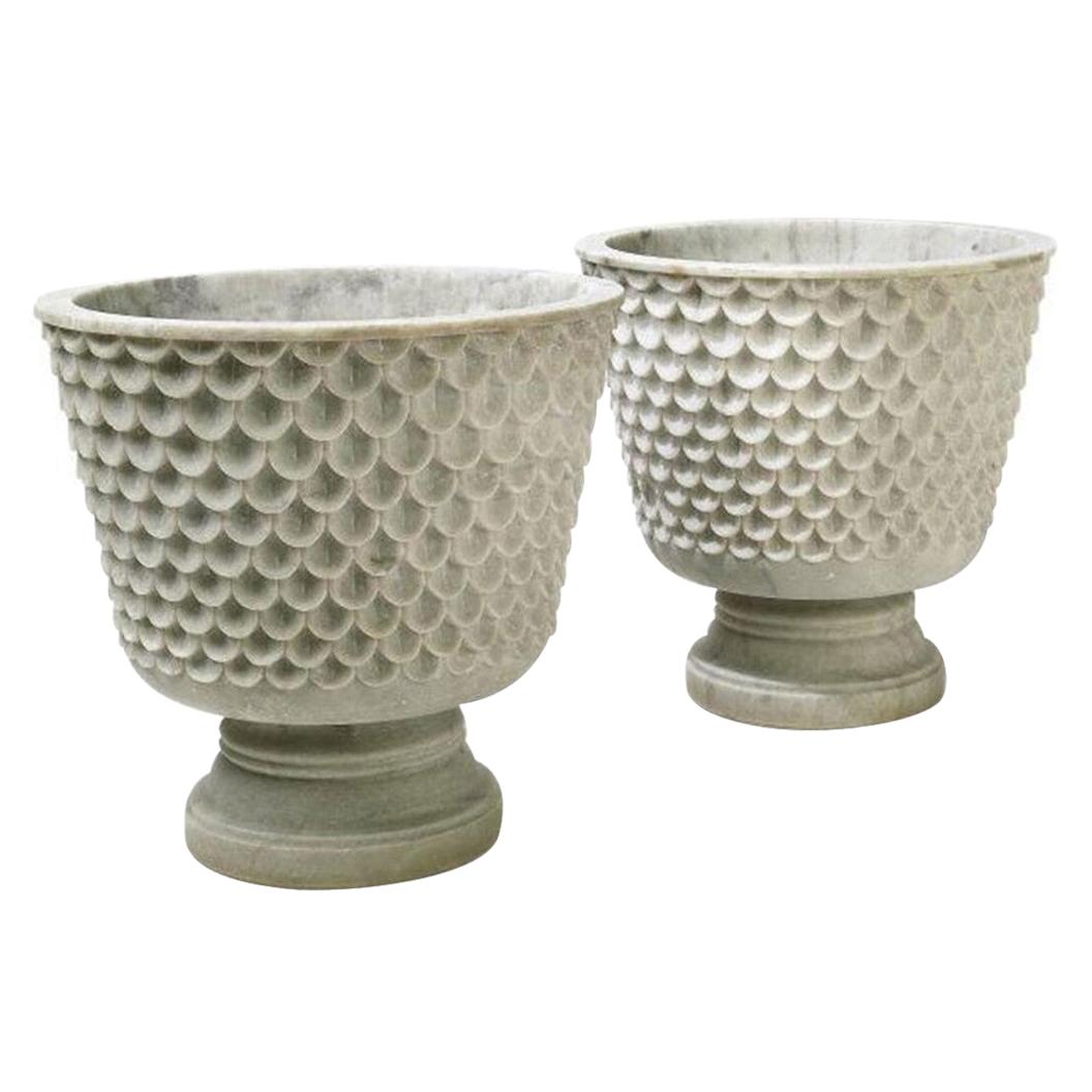 Set of Two Fish Scale Urn in White Marble Handcrafted in India