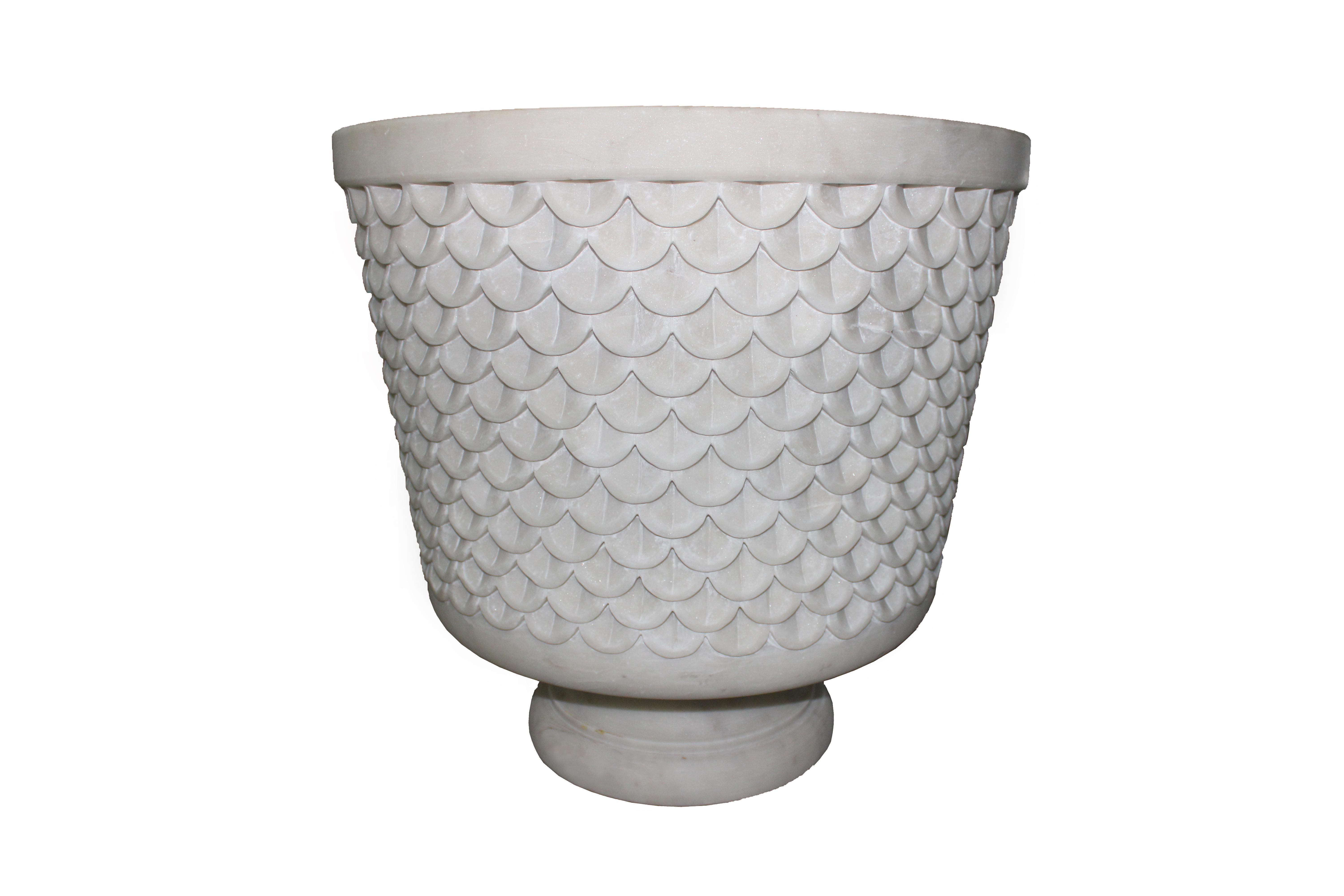 Fish Scale Urn in White Marble Handcrafted in India by Stephanie Odegard For Sale 3