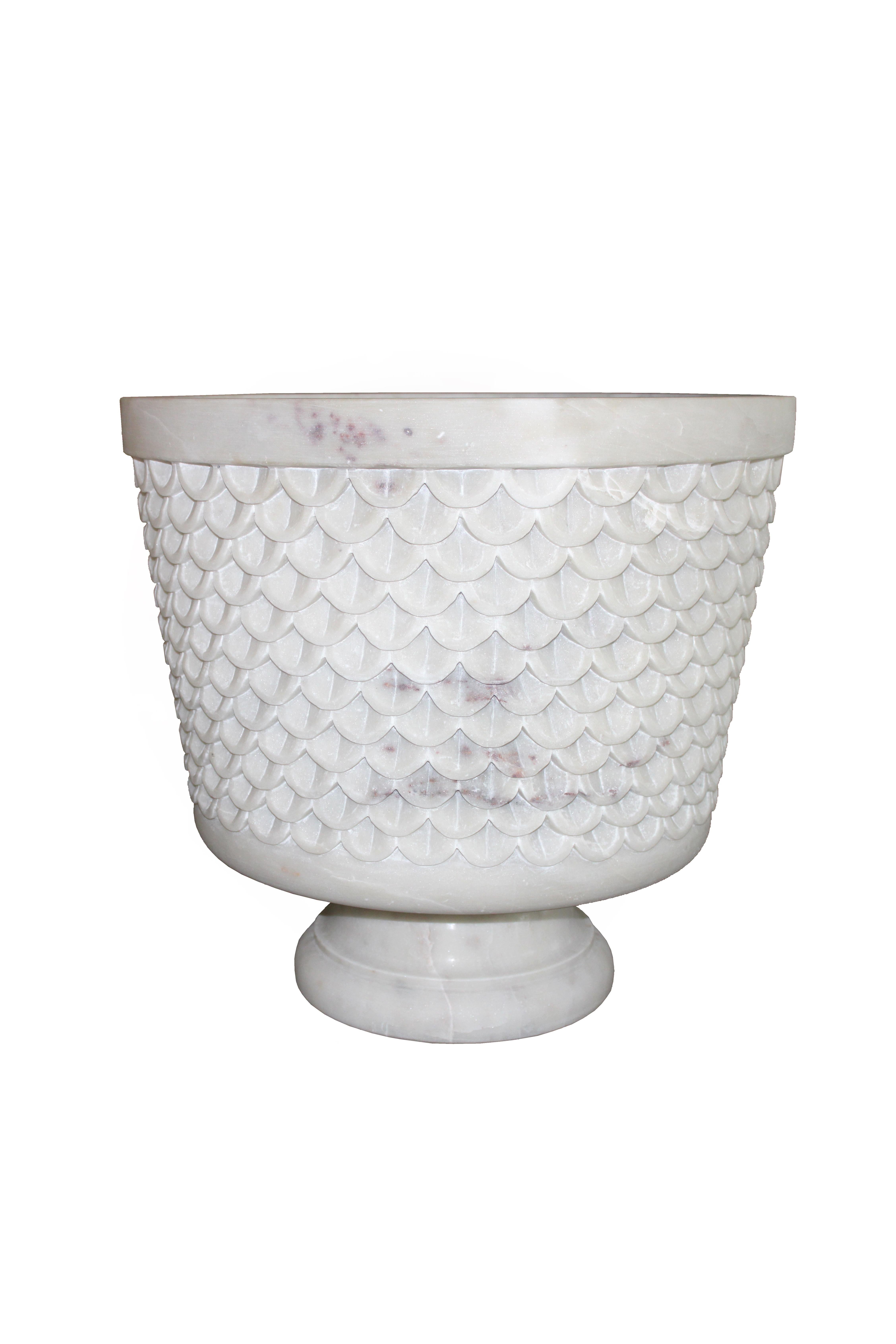 Other Fish Scale Urn in White Marble Handcrafted in India by Stephanie Odegard For Sale