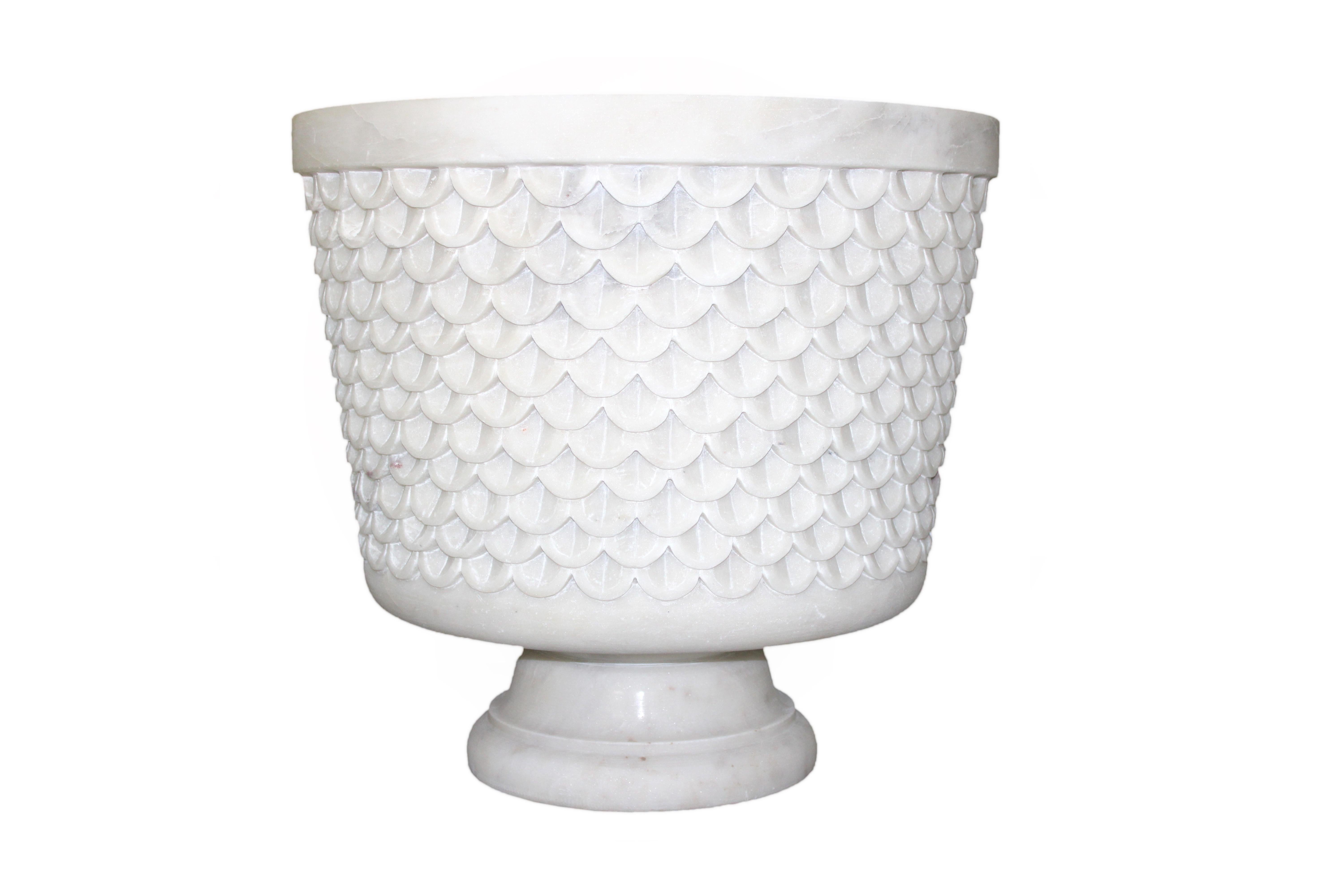 Hand-Carved Fish Scale Urn in White Marble Handcrafted in India by Stephanie Odegard For Sale