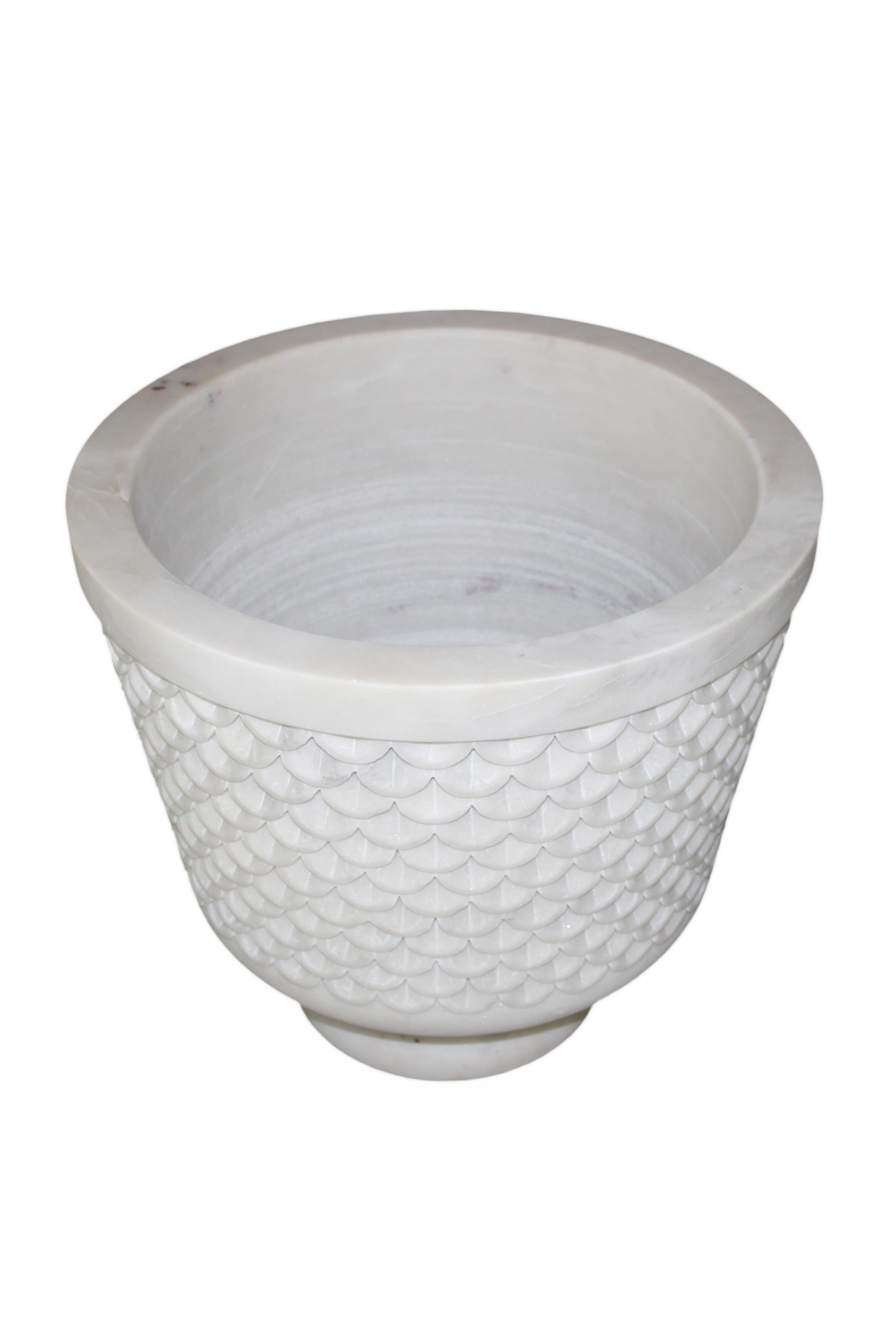 Fish Scale Urn in White Marble Handcrafted in India by Stephanie Odegard In New Condition For Sale In New York, NY