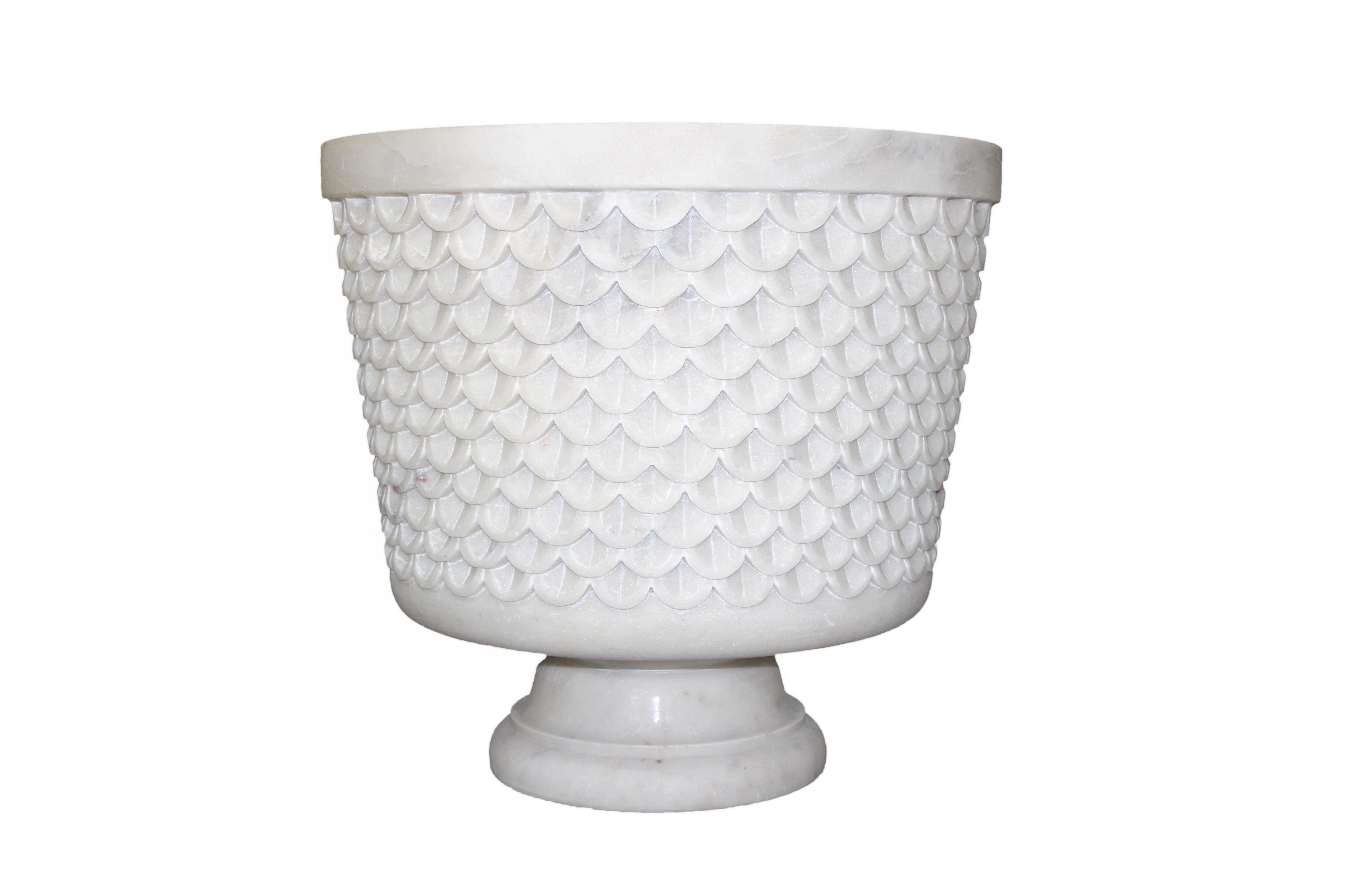 Contemporary Fish Scale Urn in White Marble Handcrafted in India by Stephanie Odegard For Sale