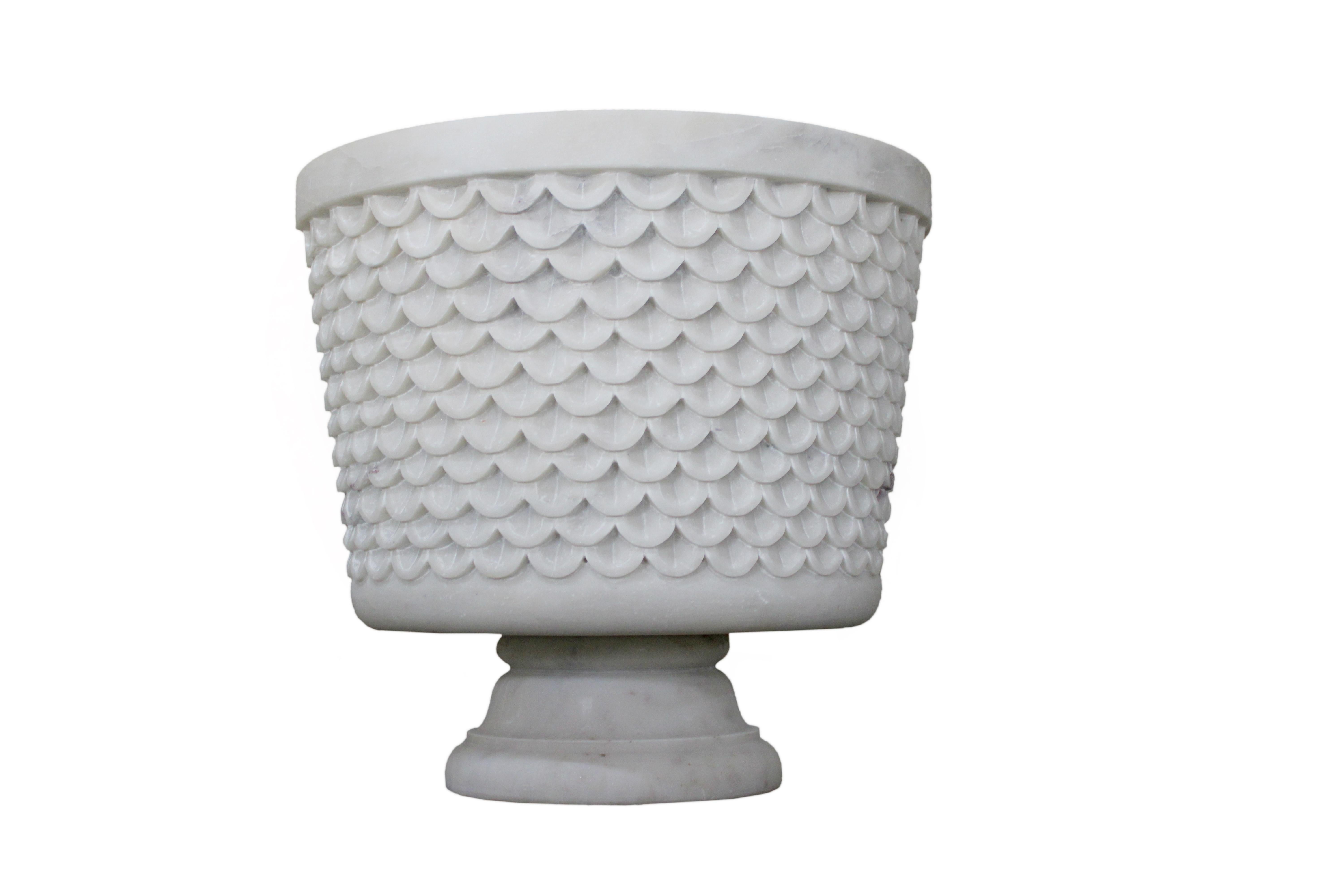 Fish Scale Urn in White Marble Handcrafted in India by Stephanie Odegard For Sale 1