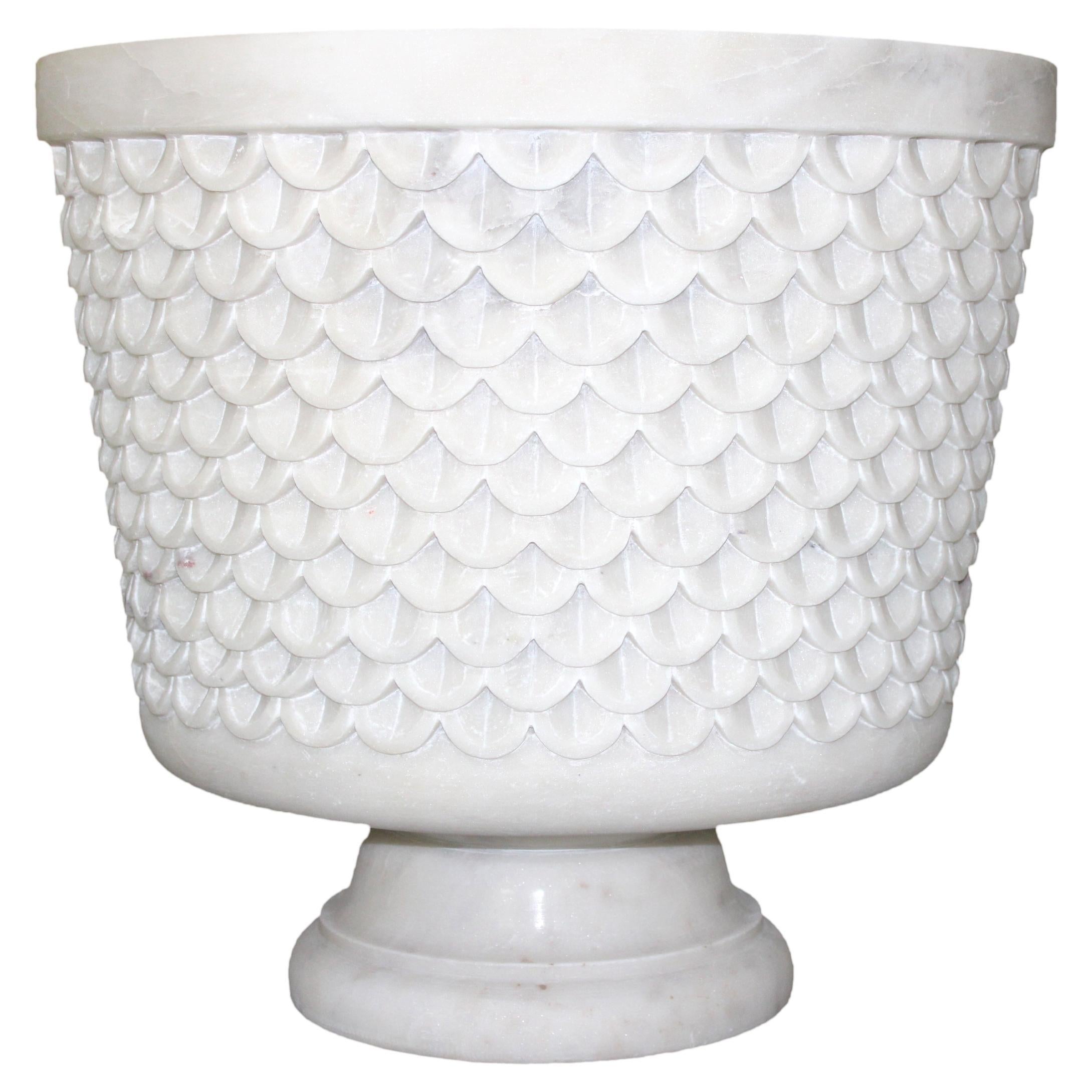 Fish Scale Urn in White Marble Handcrafted in India by Stephanie Odegard For Sale