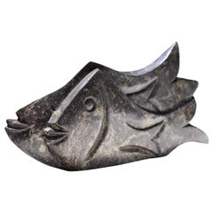 Hand-Carved Shona Stone Fish Sculpture, Signed Pheoleen Gandari