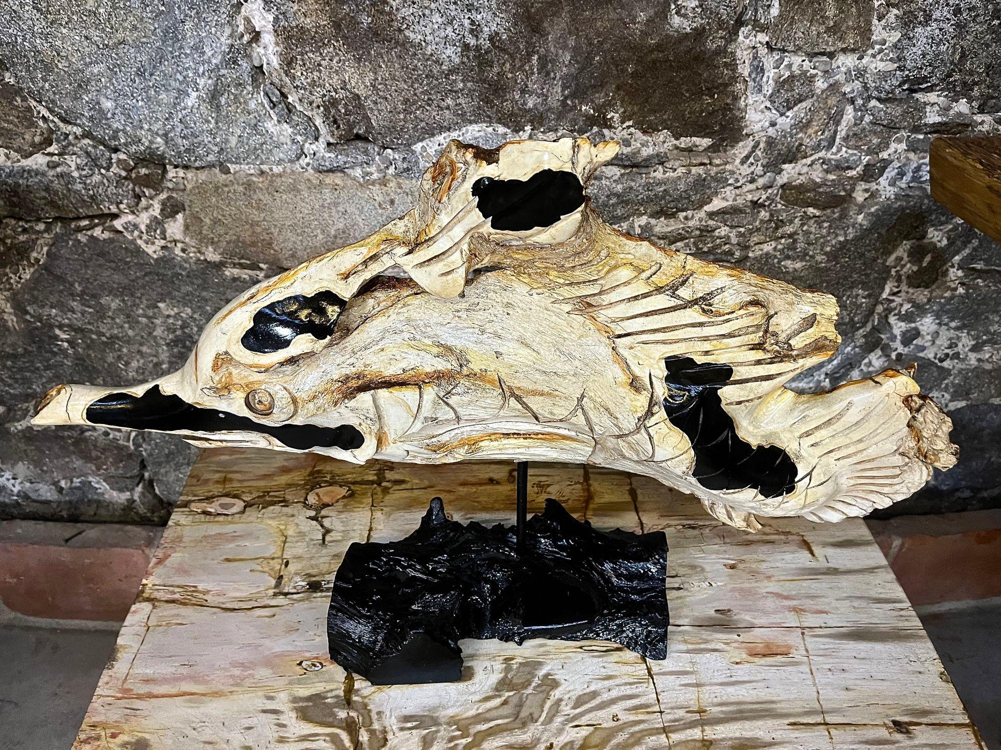 Escultura de pez de raíz de teca tallada a mano sobre base lacada en negro, Indonesia 2023 en venta 5