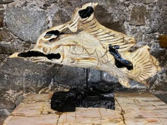Fish Sculpture Teak Root Handcarved On Black Laquered Base, Indonesia 2023