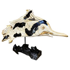 Fish Sculpture Teak Root Handcarved On Black Laquered Base, Indonesia 2023