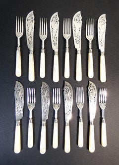 Fish Set for Eight in Sterling Silver and Mother of Pearl, Chawner & Co. 1857