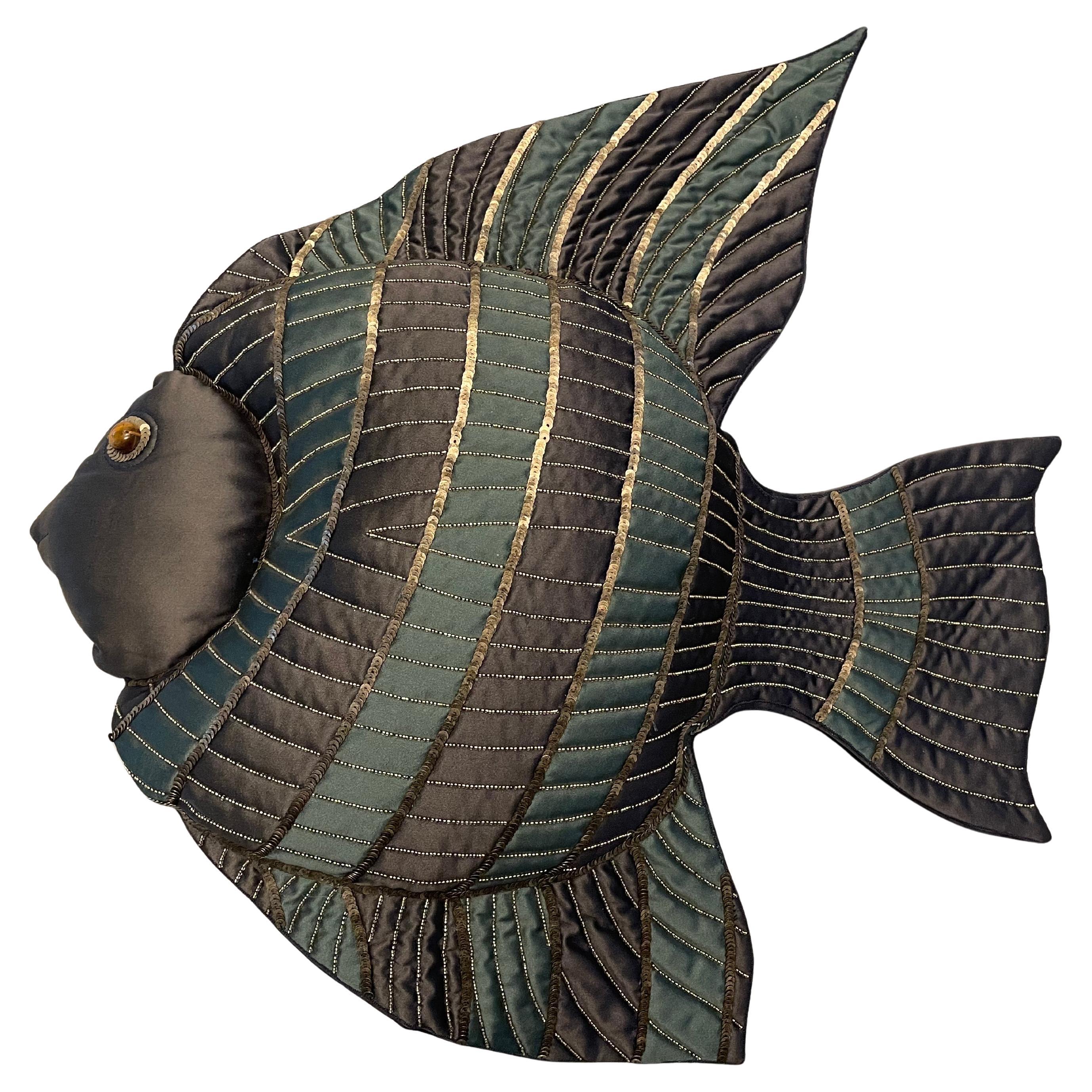Fish Shape Cushion Hand Embroidery On Silk With Silver Beads And Sequins For Sale