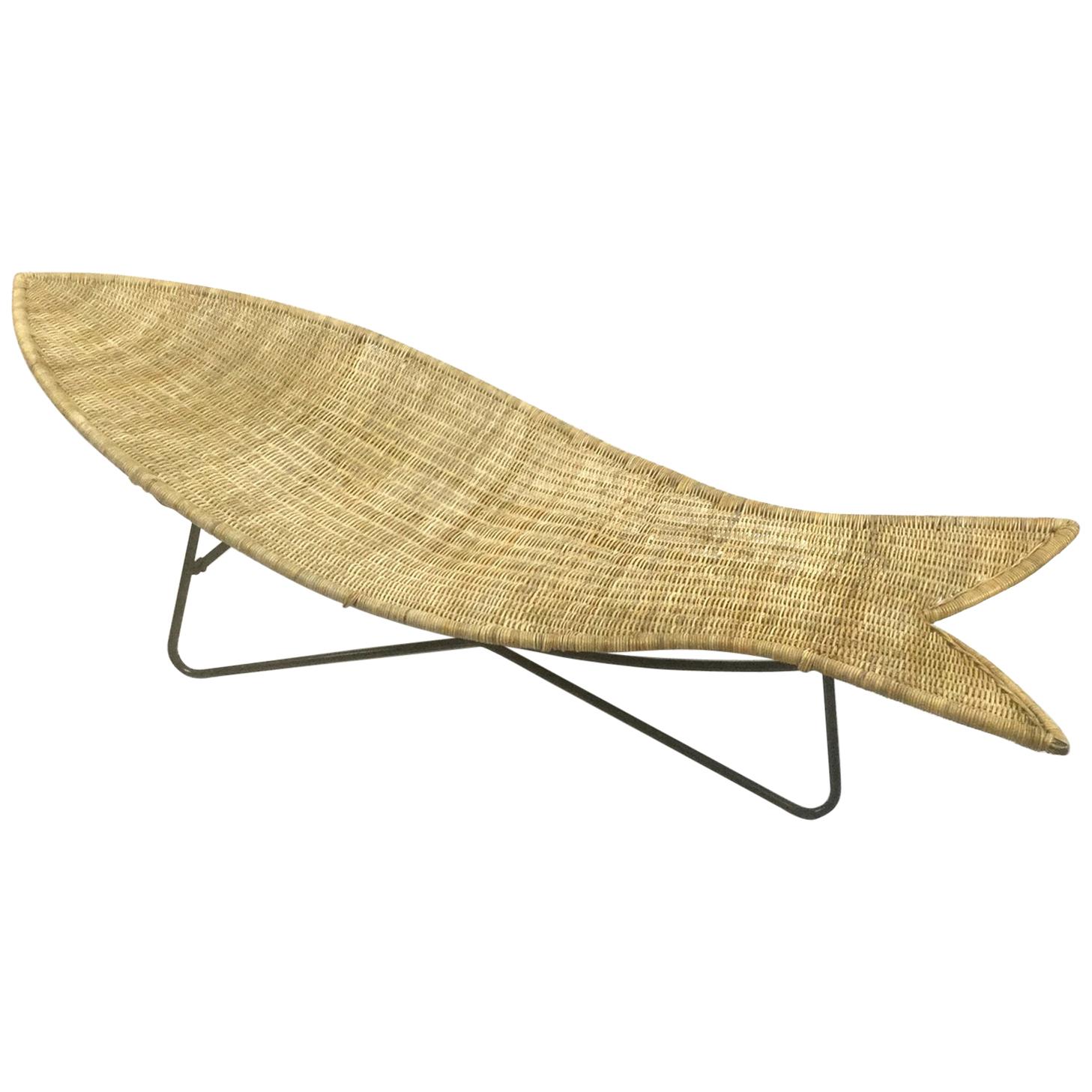 Fish Shaped Wicker Lounge Chair Attributed to Lina Zervudaki, 1940s