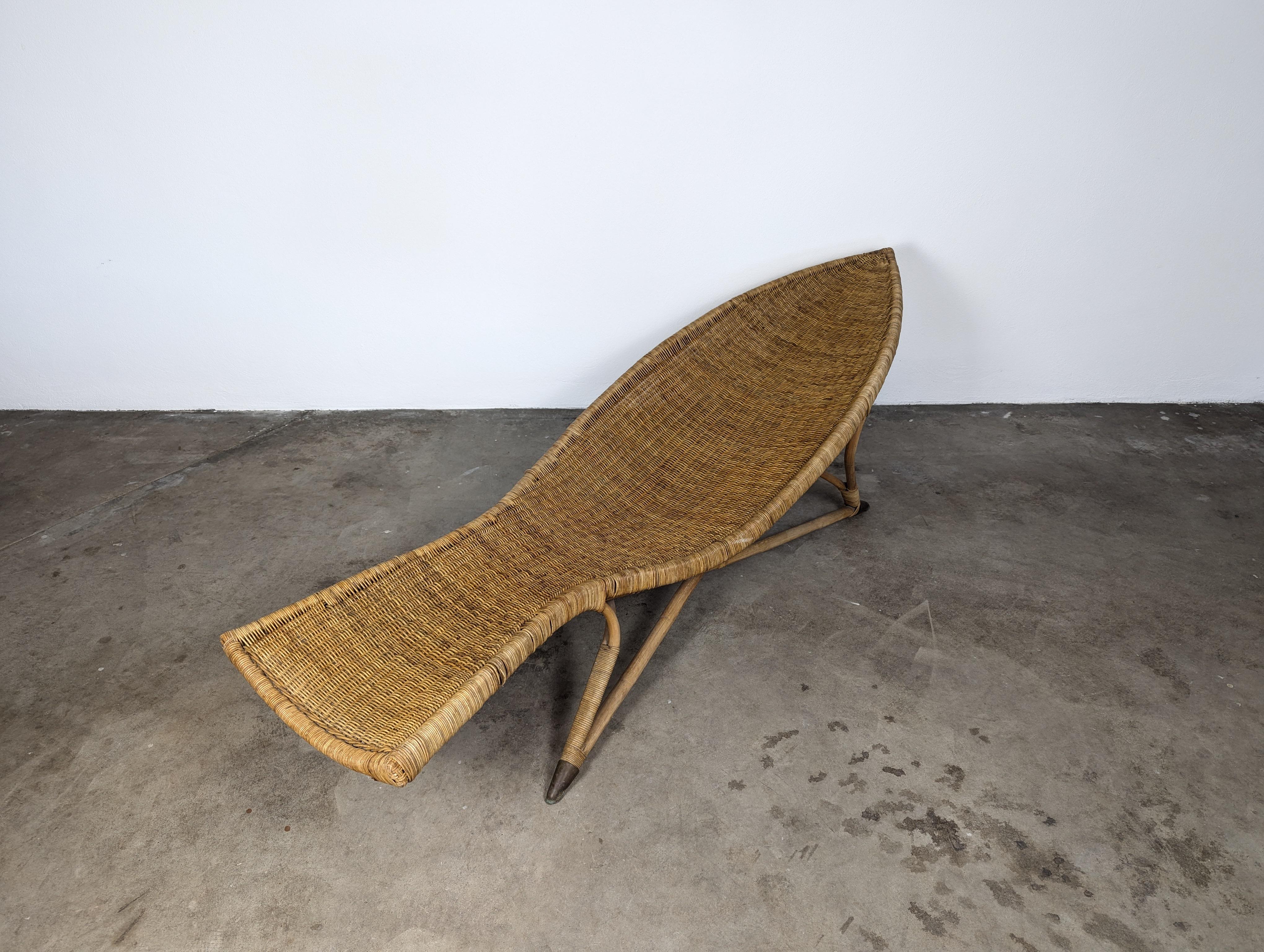 Brass Fish Shaped Wicker Lounge Chair Attributed to Lina Zervudaki