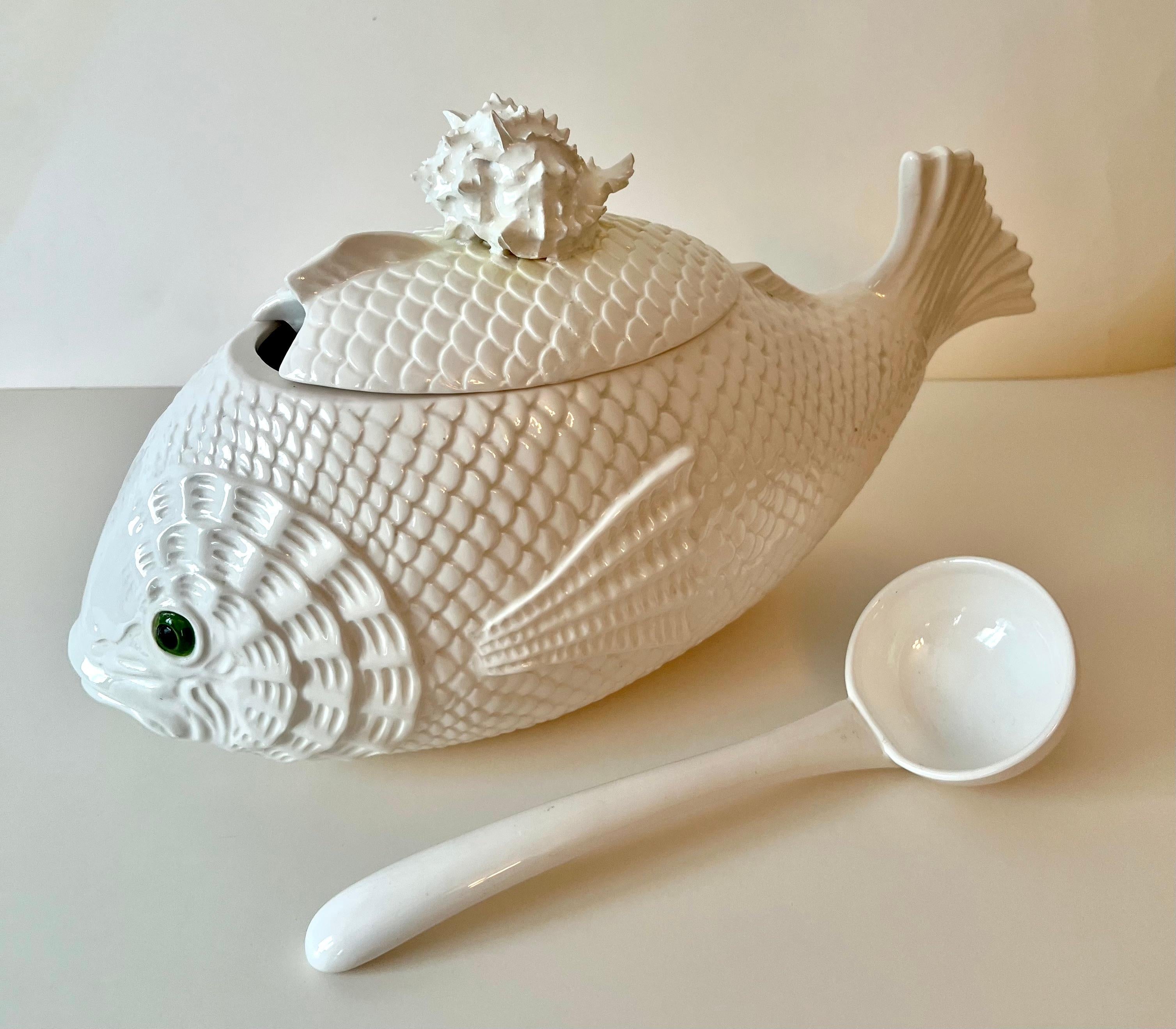 Ceramic Fitz and Floyd Fish Soup Tureen with Lid and Ladle For Sale
