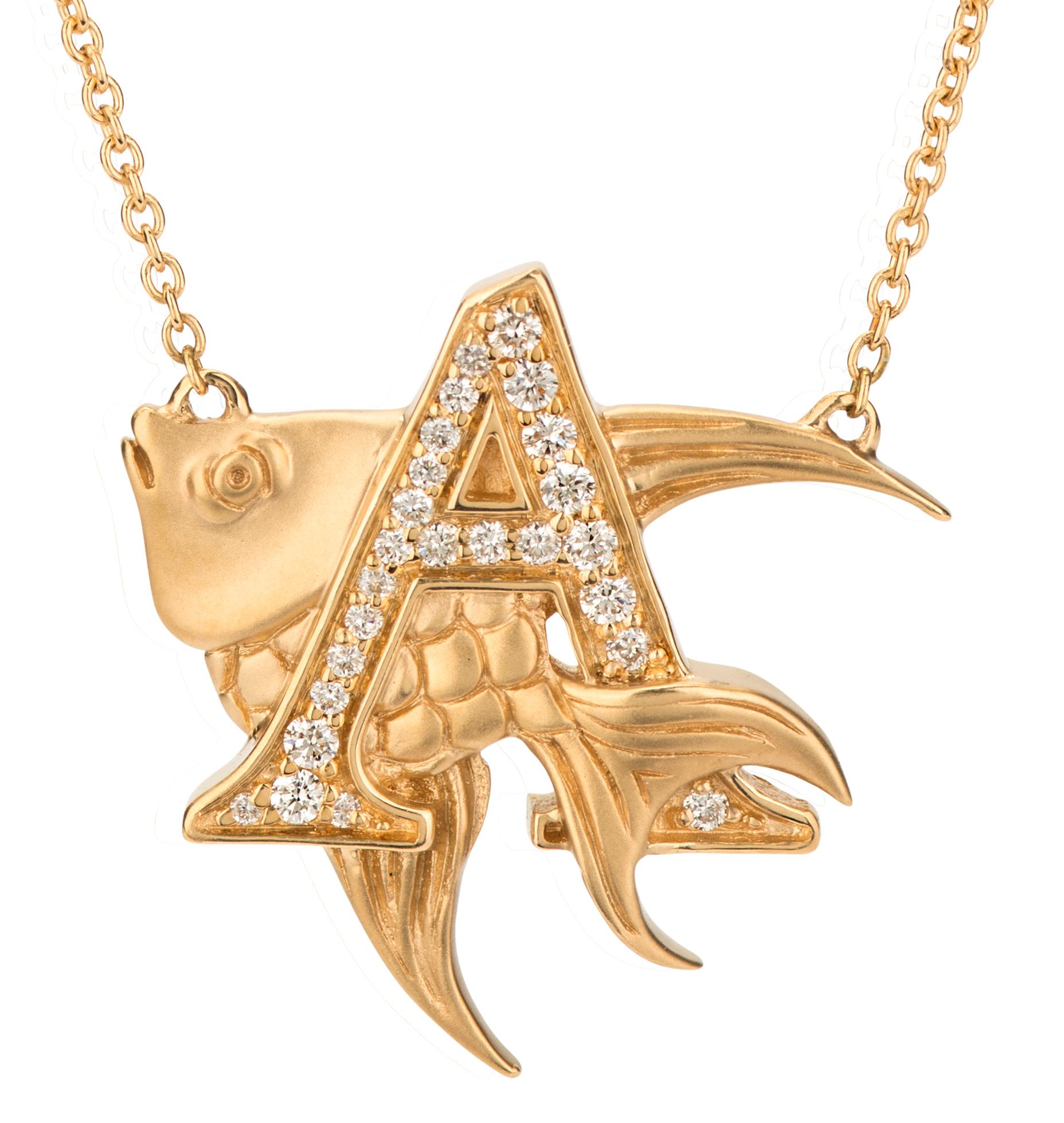 Uncover the mystery and magic of aquatic life with our 'A is for Angelfish' necklace. Crafted in 18 karat yellow gold and set with white diamonds this piece boasts an intricate matt finish angelfish intertwined within the letter A on a 42cm gold