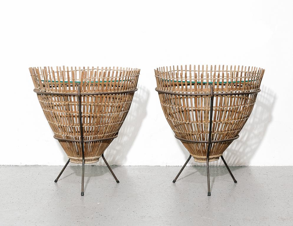 Vintage fish trap side tables with welded metal tripod frame and glass top. In the manner of Franco Albini.