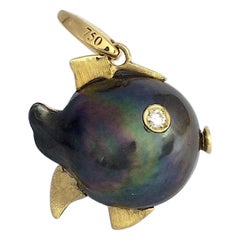Fish White Diamond South Sea Pearl Yellow 18Kt Gold Pendant/Necklace and Charm
