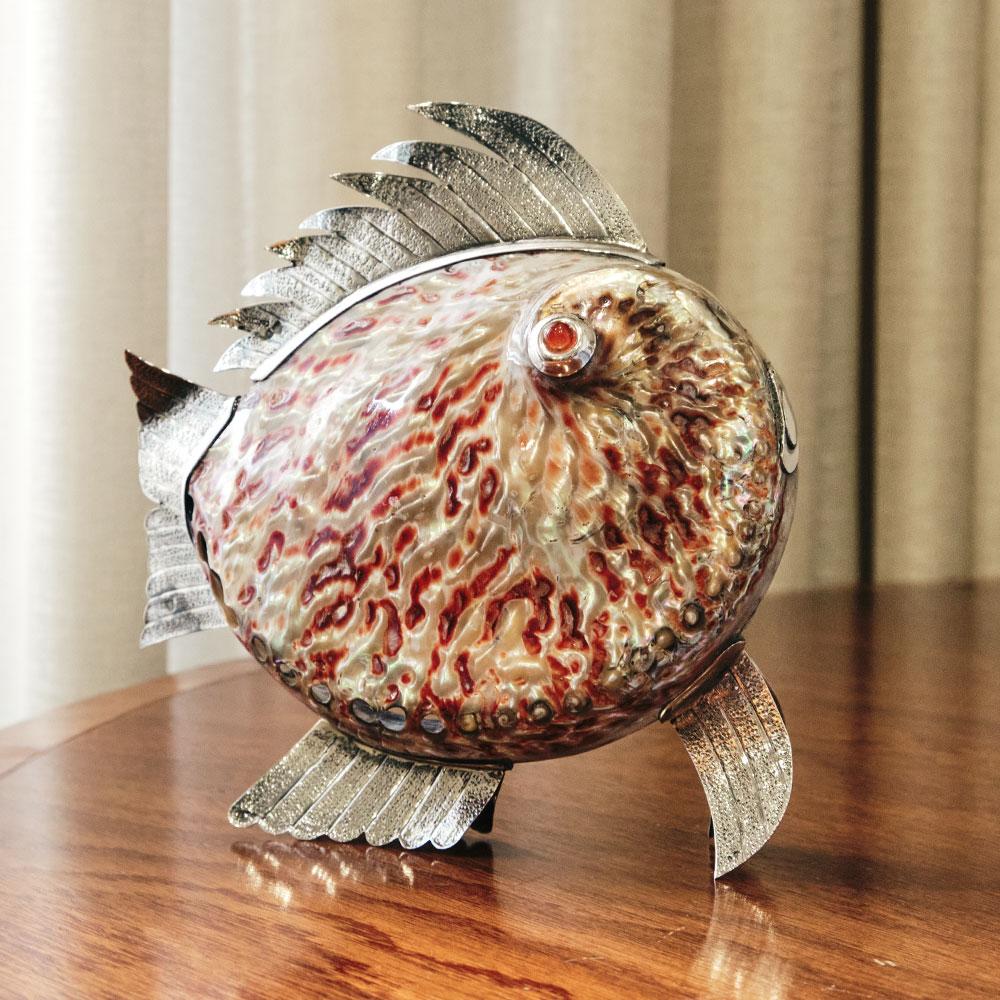Mother-of-Pearl Fish with Mother-of-pearl Shell and Eyes Made of Carnelian Agate