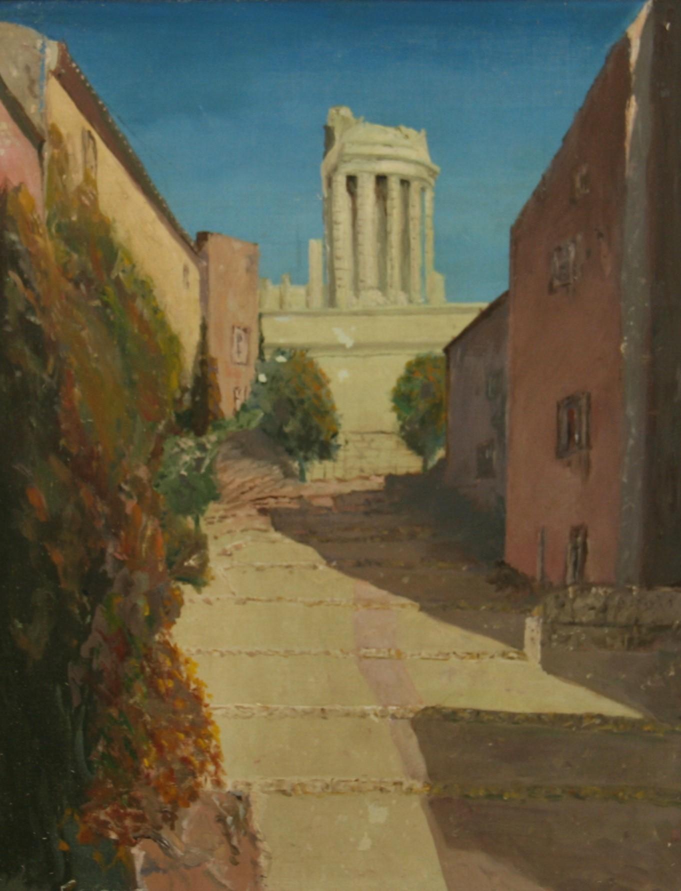 Antique Impressionist Landscape Street view of Roman Ruins 1940 - Painting by Fishbone