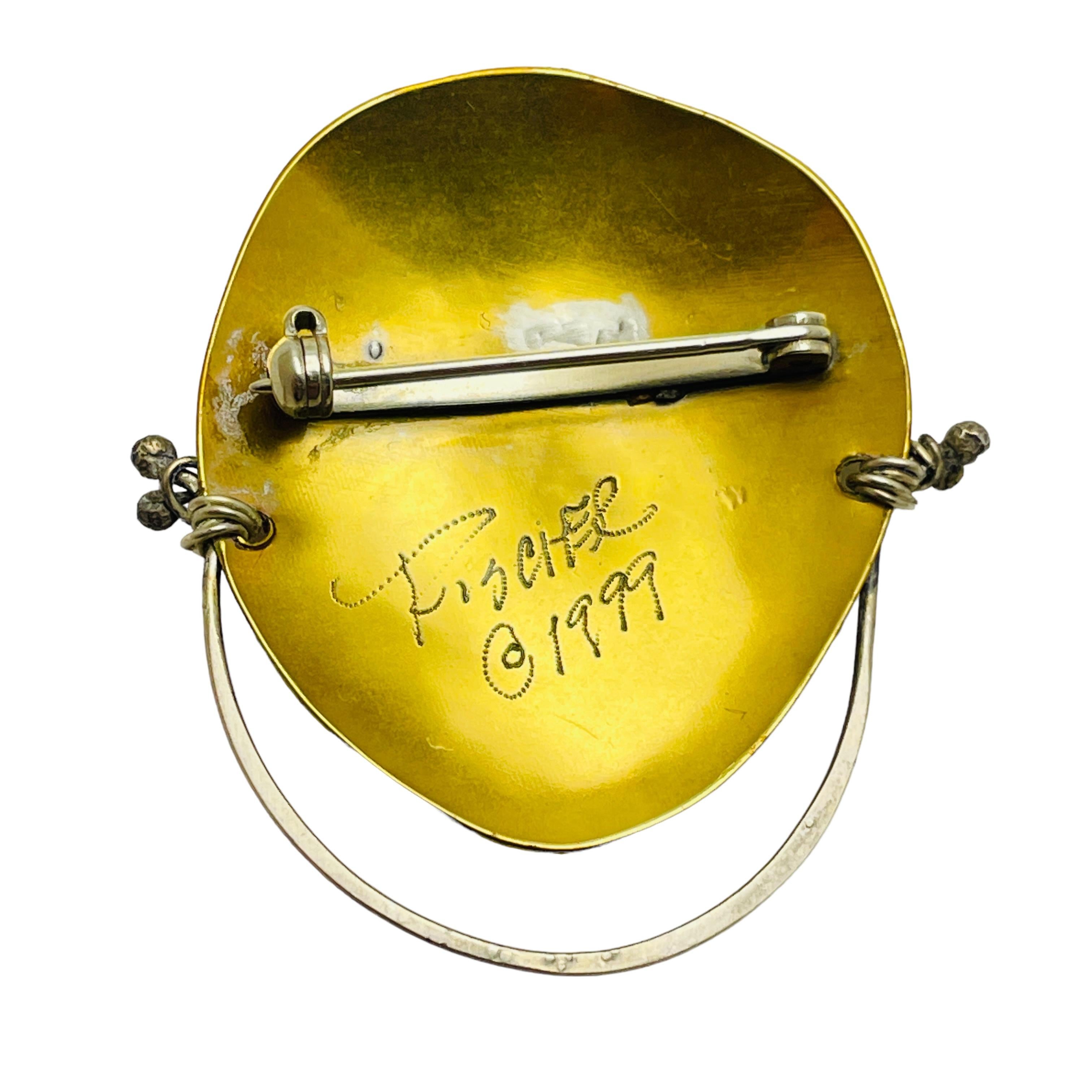 FISHER 1999 signed vintage mixed metal modernist artisan designer brooch In Good Condition For Sale In Palos Hills, IL