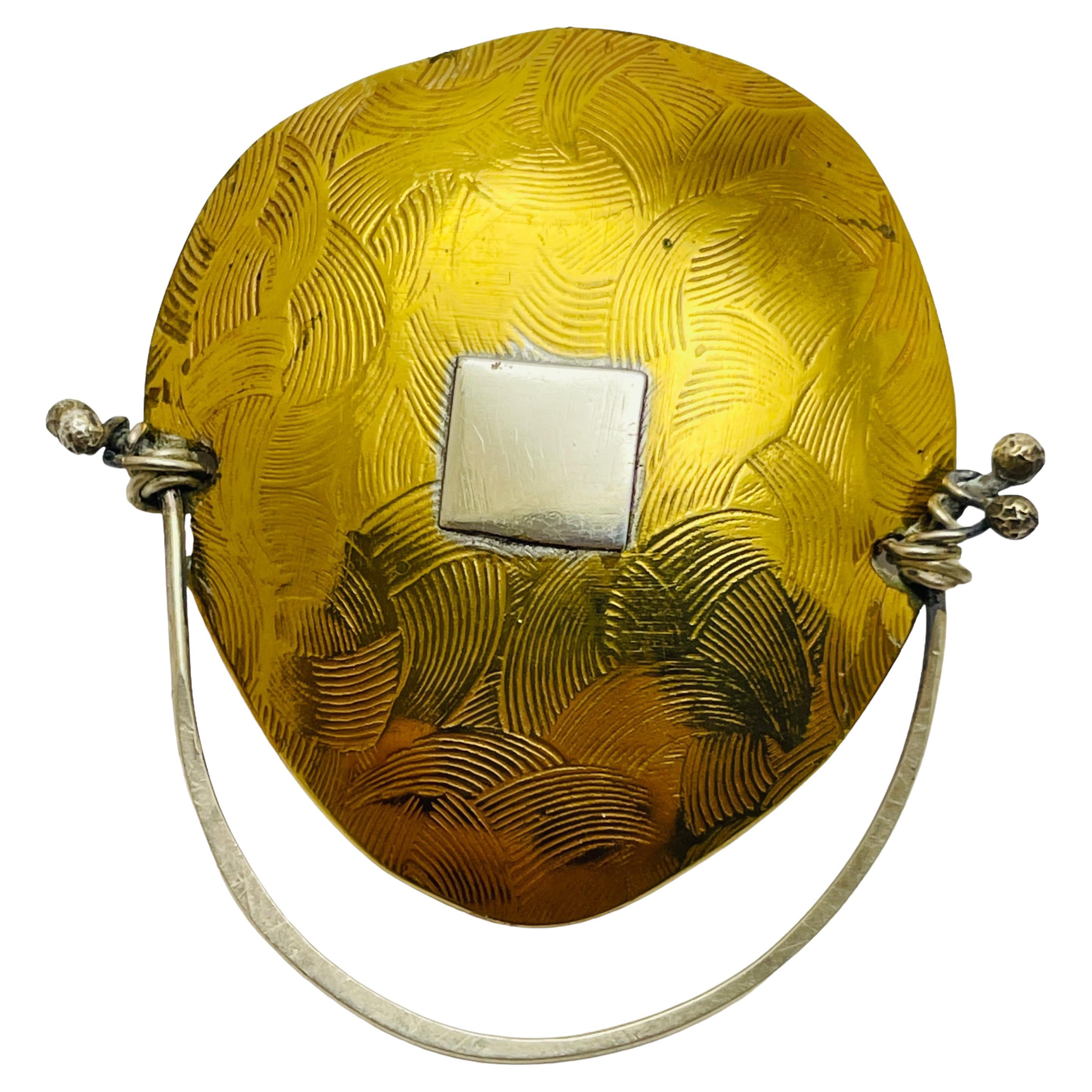 FISHER 1999 signed vintage mixed metal modernist artisan designer brooch For Sale