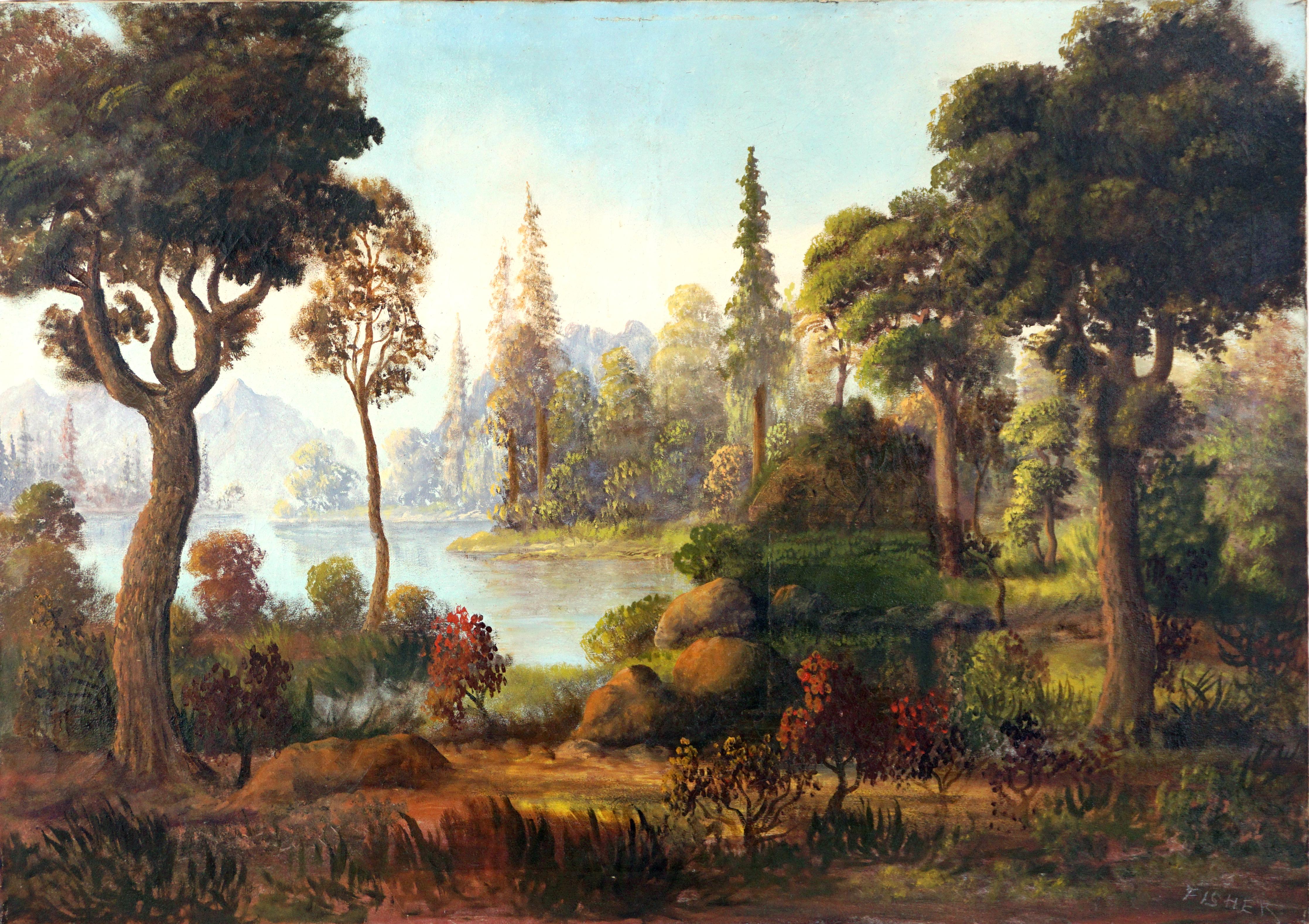 Early 20th Century Hudson River School Autumnal Lake Landscape - Painting by Fisher