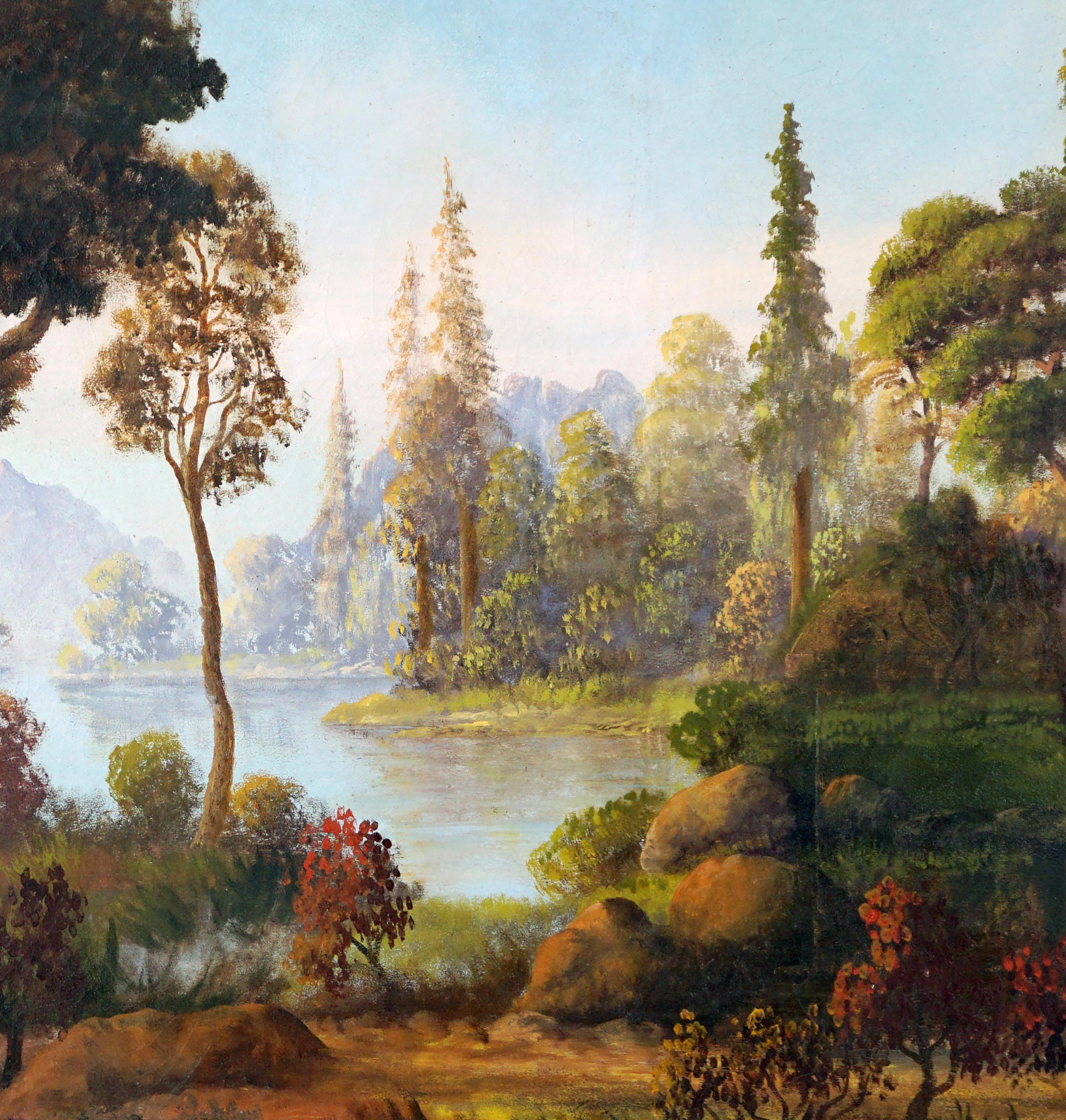 Paysage d'automne en bord de lac de l'Hudson River School, début du 20e siècle - Marron Landscape Painting par Fisher