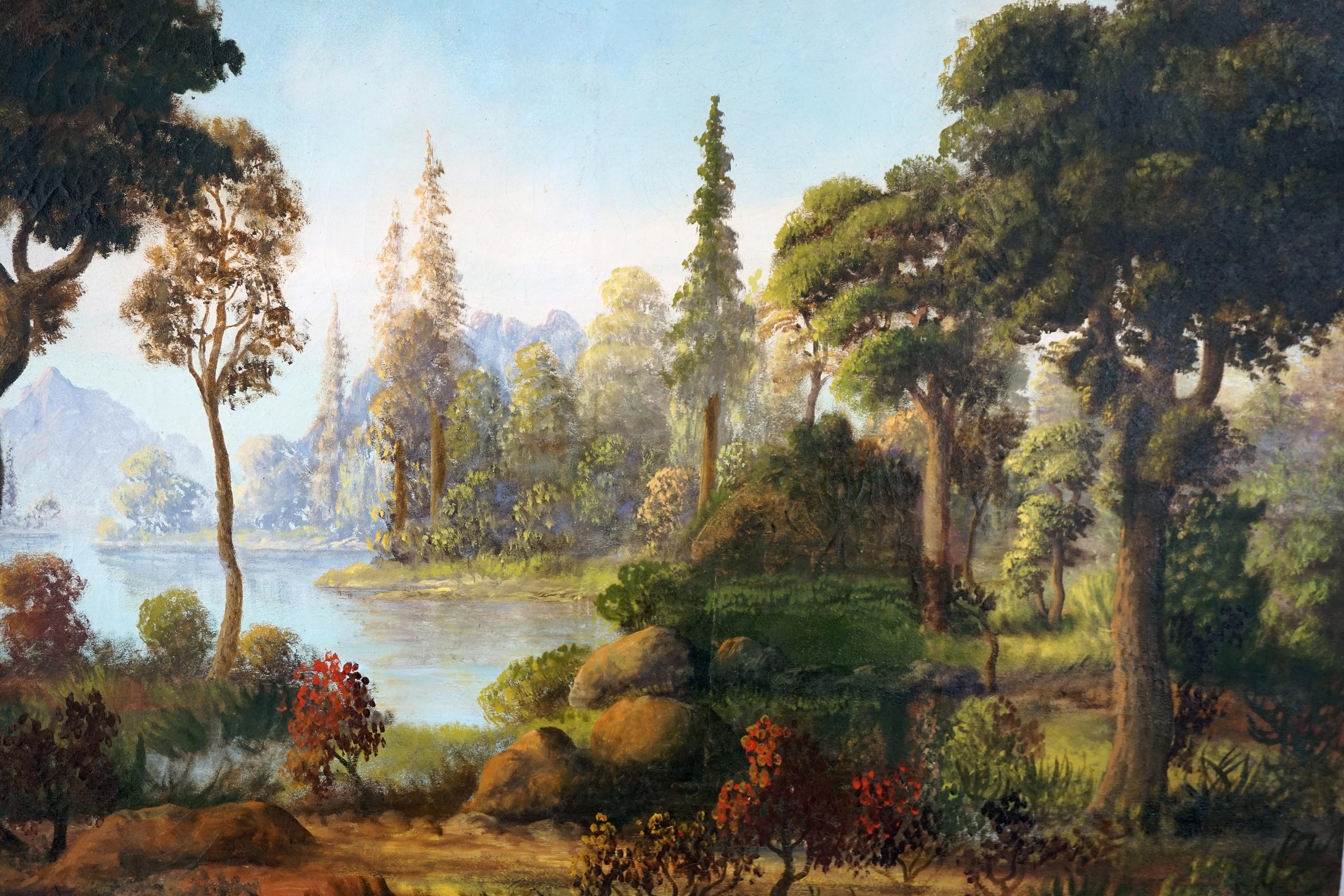 Landscape Painting Fisher - Paysage d'automne en bord de lac de l'Hudson River School, début du 20e siècle