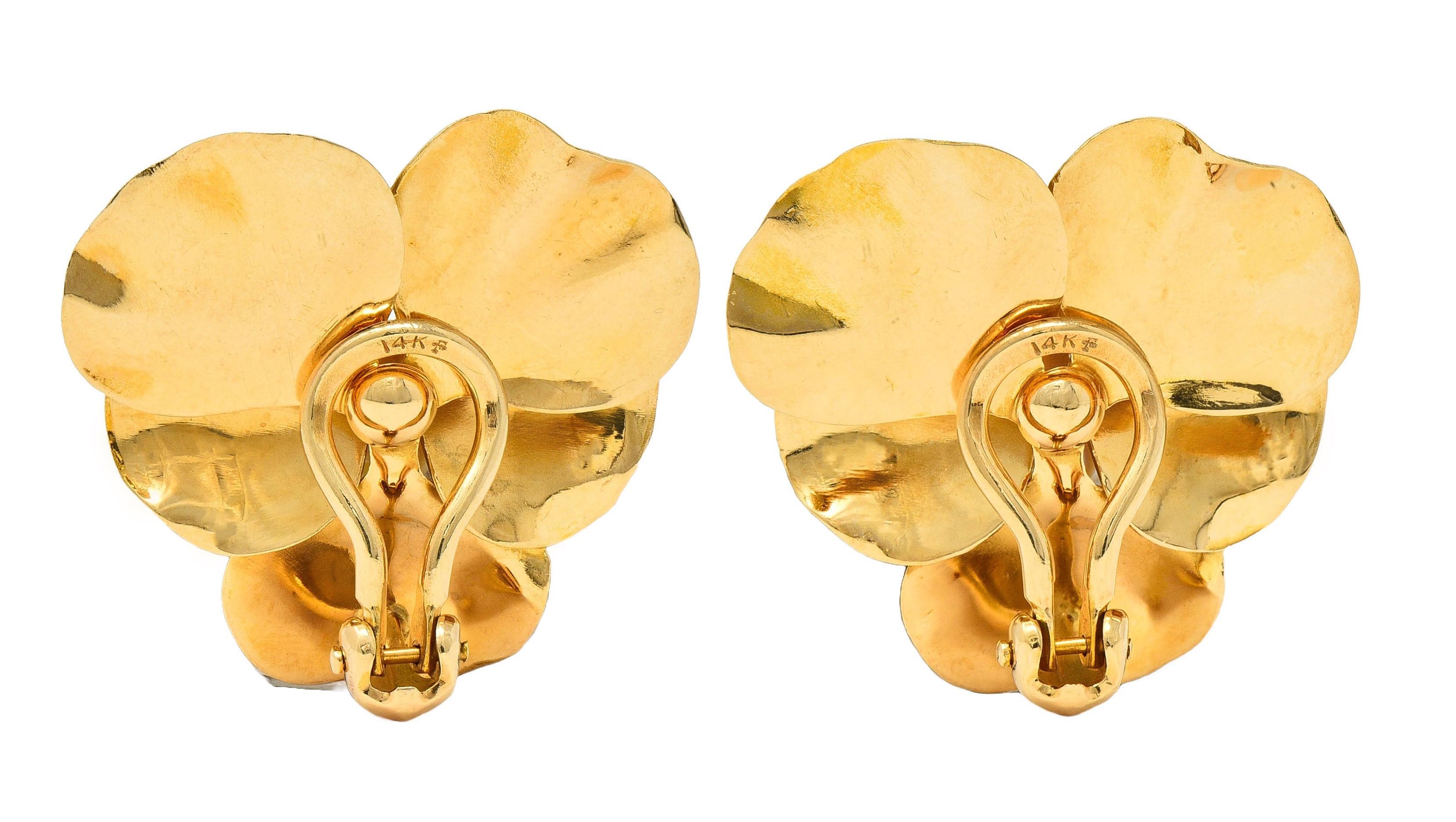 Art Nouveau Fisher & Co. Pearl 14 Karat Yellow Gold Vintage Pansy Ear-Clip Earrings