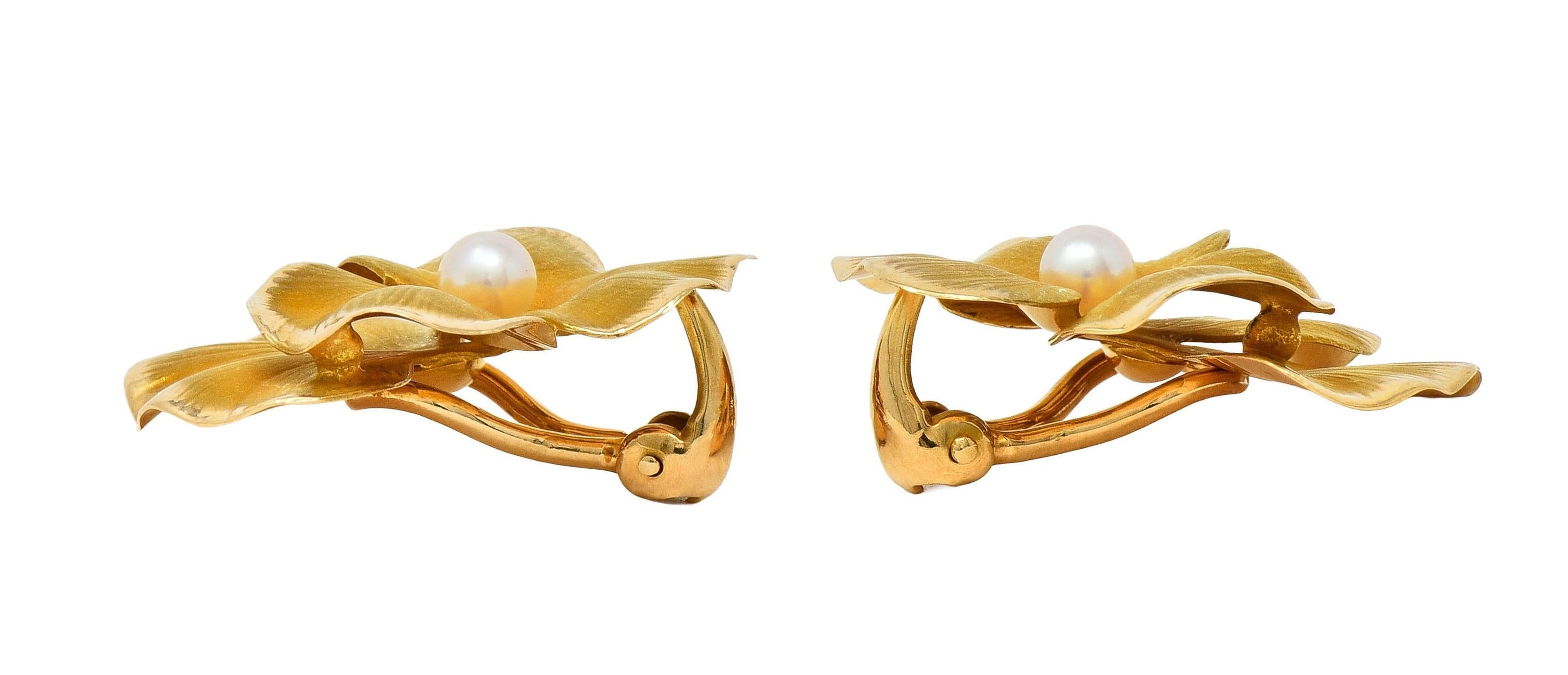 Fisher & Co. Pearl 14 Karat Yellow Gold Vintage Pansy Ear-Clip Earrings In Excellent Condition In Philadelphia, PA