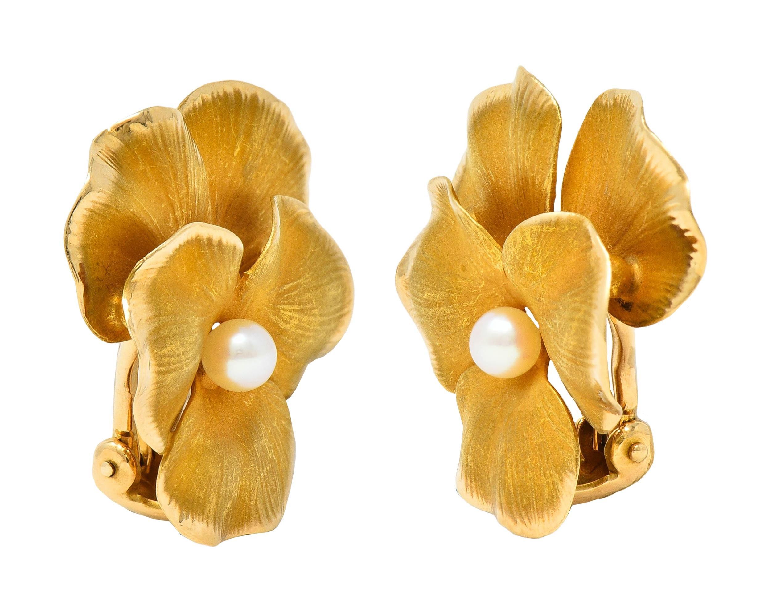 Women's Fisher & Co. Pearl 14 Karat Yellow Gold Vintage Pansy Ear-Clip Earrings