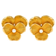 Fisher & Co. Pearl 14 Karat Yellow Gold Vintage Pansy Ear-Clip Earrings