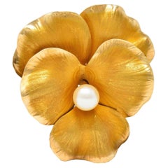 Fisher 
Co. Pearl 14 Karat Yellow Gold Vintage Pansy Flower Brooch